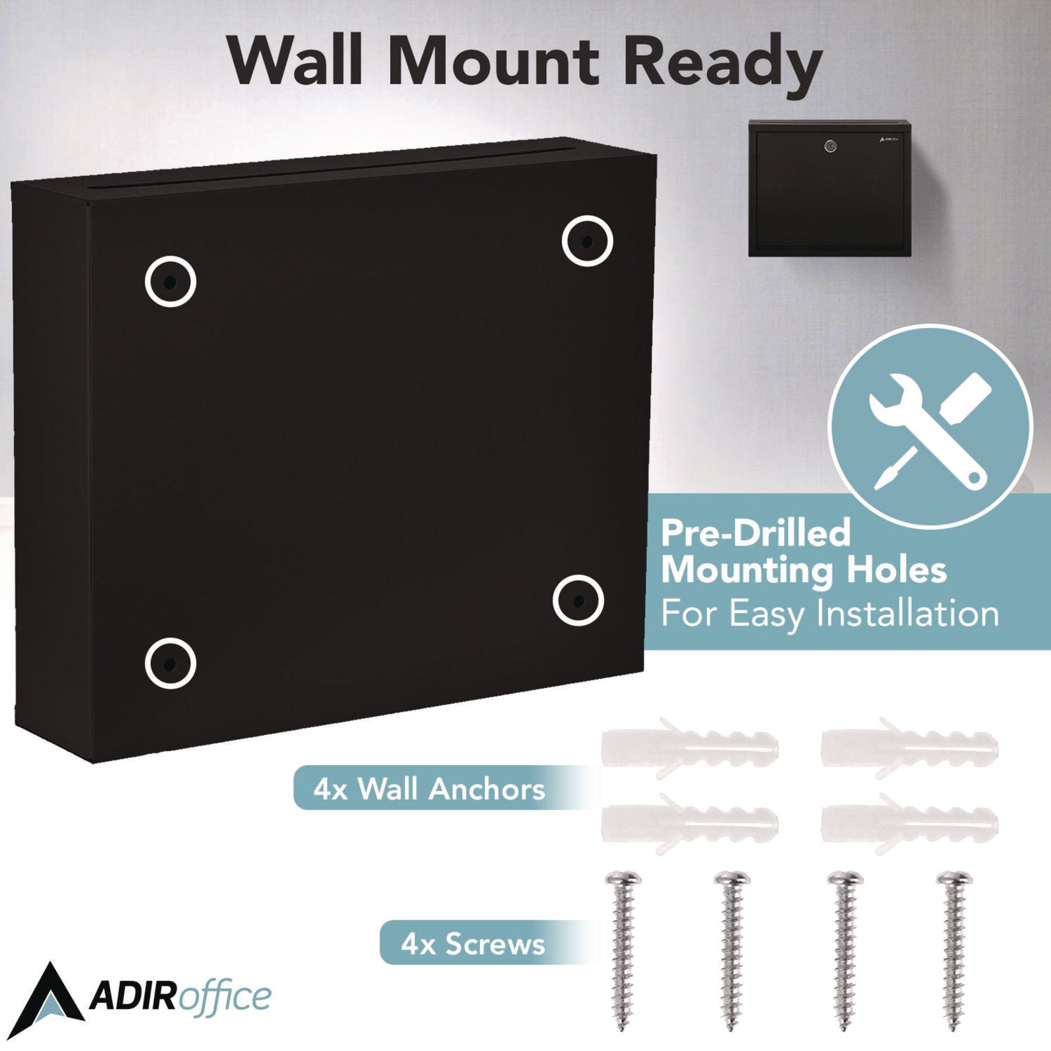 AdirOffice Large Secure Drop Box - 12 x 3 x 10 Inch Steel Locking Mailbox for Office, Home & Business - Black Multi-Purpose Deposit Box for Documents, Packages & Valuables (Ideal for Mailrooms, Reception Areas & Secure Storage)