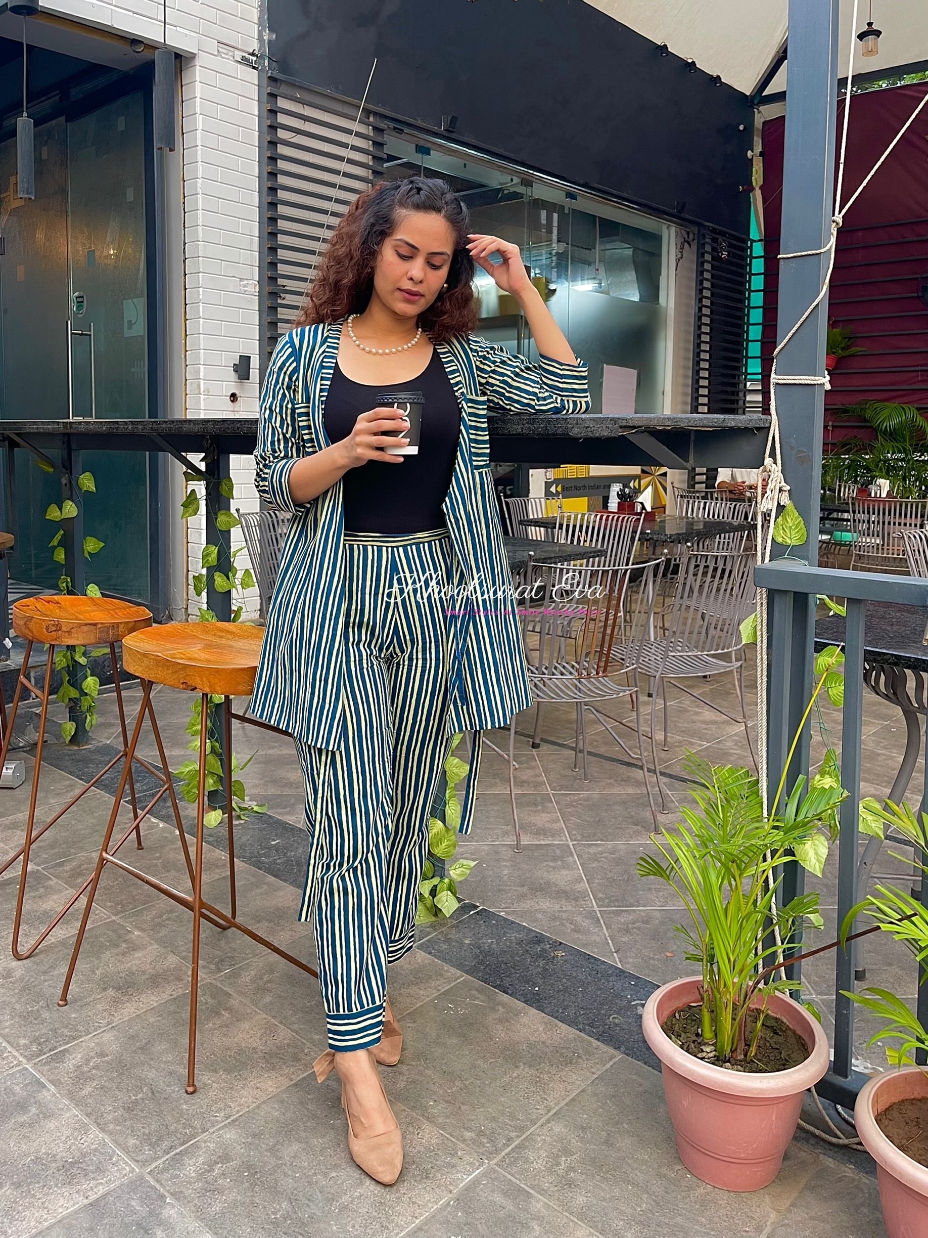 Stylish Blue Striped Co-Ord Set for Women | Trendy Matching Outfit | Perfect for Summer, Beach, and Casual Wear