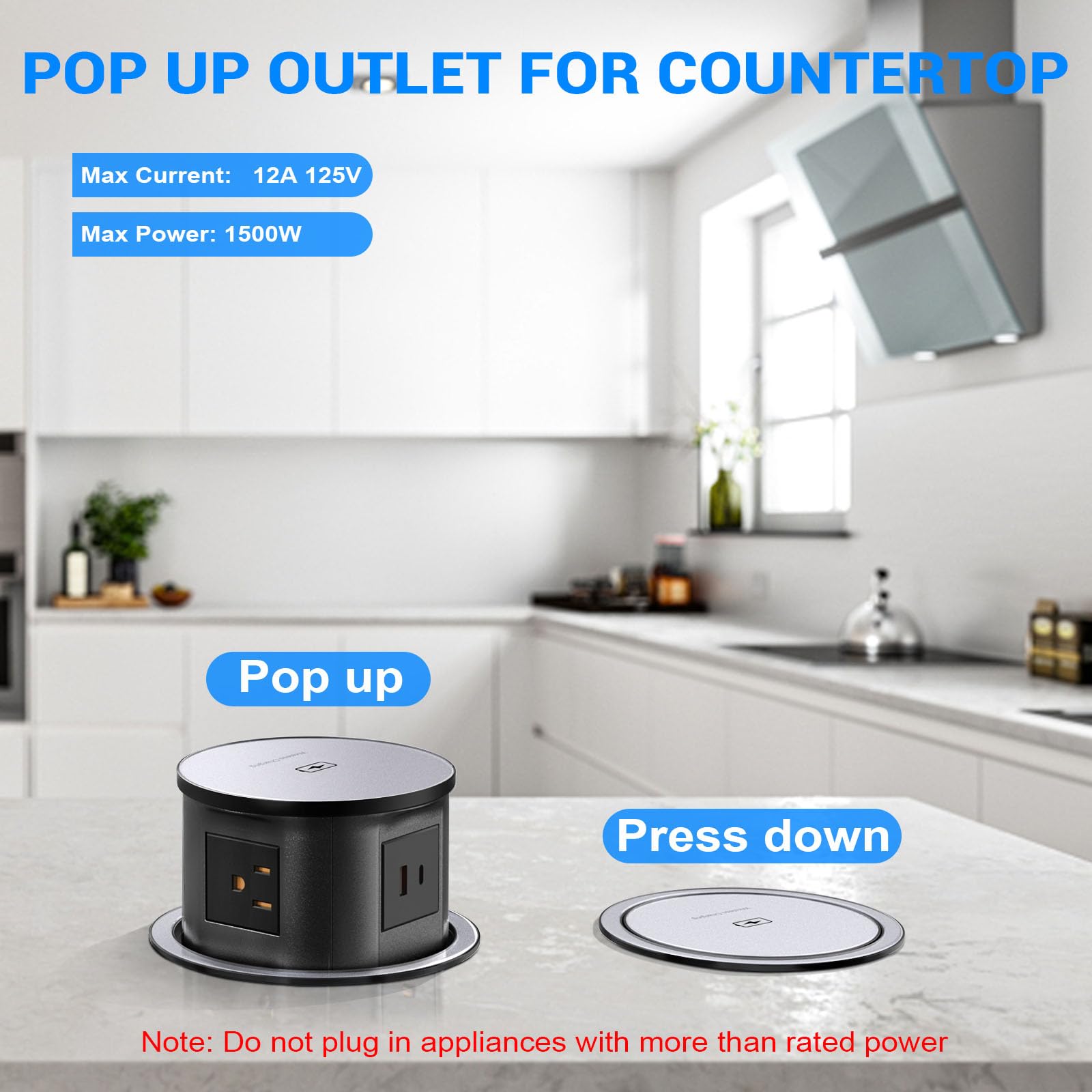 Pop Up Outlet with 15W Wireless Charger - 4 AC Outlets, 1 USB-A & 1 USB-C Port - Retractable Recessed Power Strip for Kitchen Countertop, Office Desk - 4.7 Inch Hidden Electrical Socket (Black) - Perfect for Charging Phones, Laptops & Small Appliances