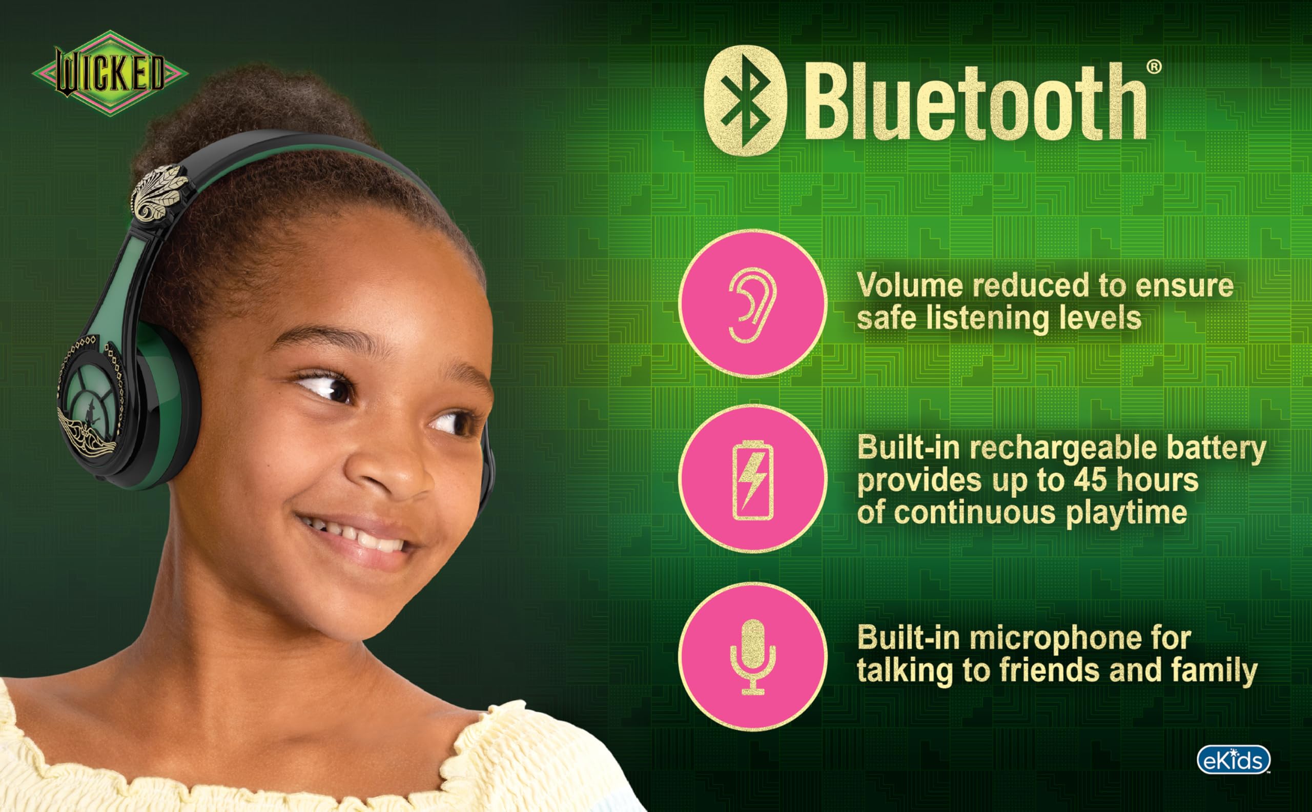 eKids Wicked Elphaba Bluetooth Wireless Headphones with Built-in Mic & AUX Cable - Volume Limited Foldable Kids Headphones for School, Home, Travel | Perfect for Online Classes, Gaming & Music Listening