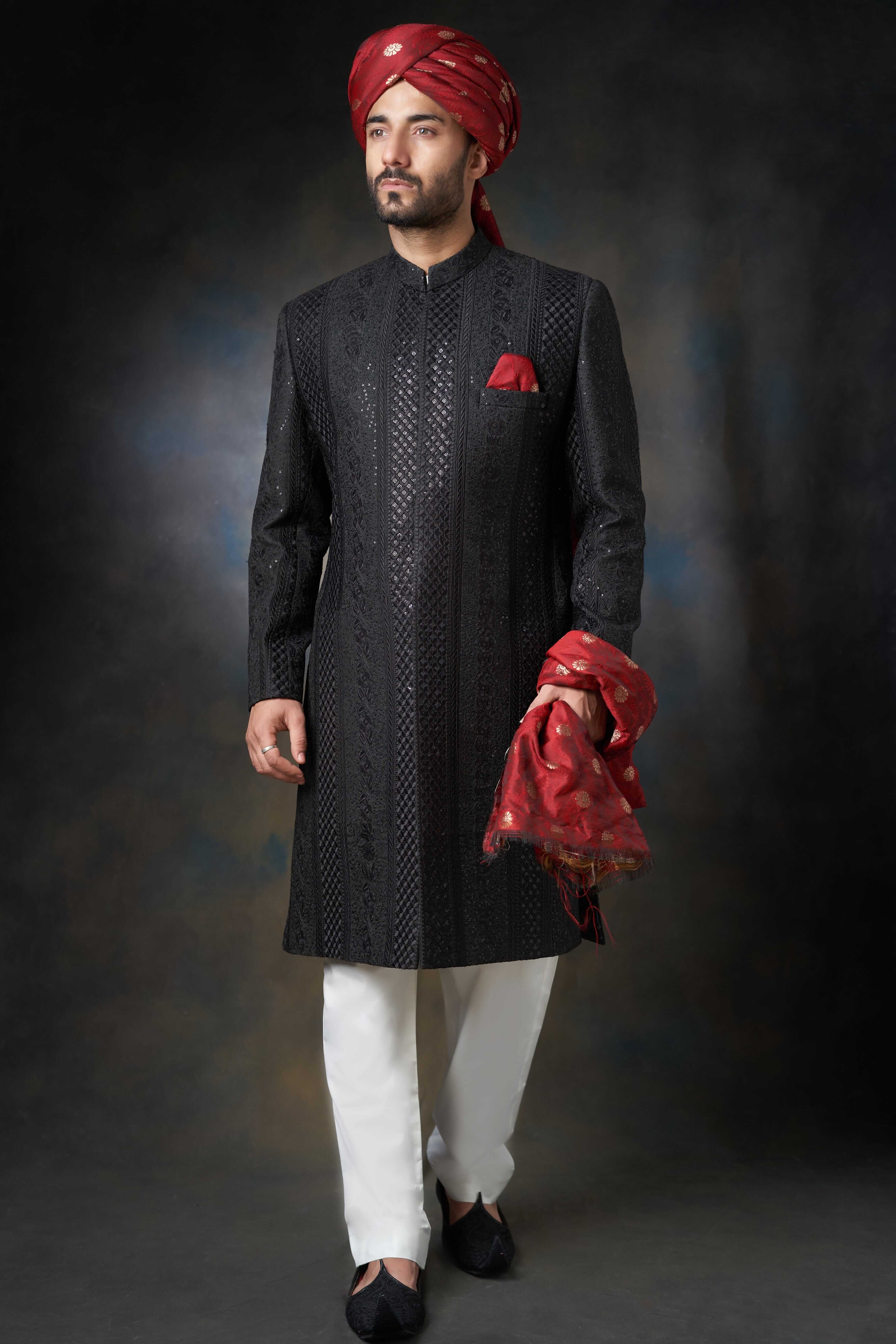 Jet Black All Sequins Raw Silk Sherwani for Men | Elegant Indian Wedding Attire | Perfect for Groom Outfit, Festive Occasions & Special Events