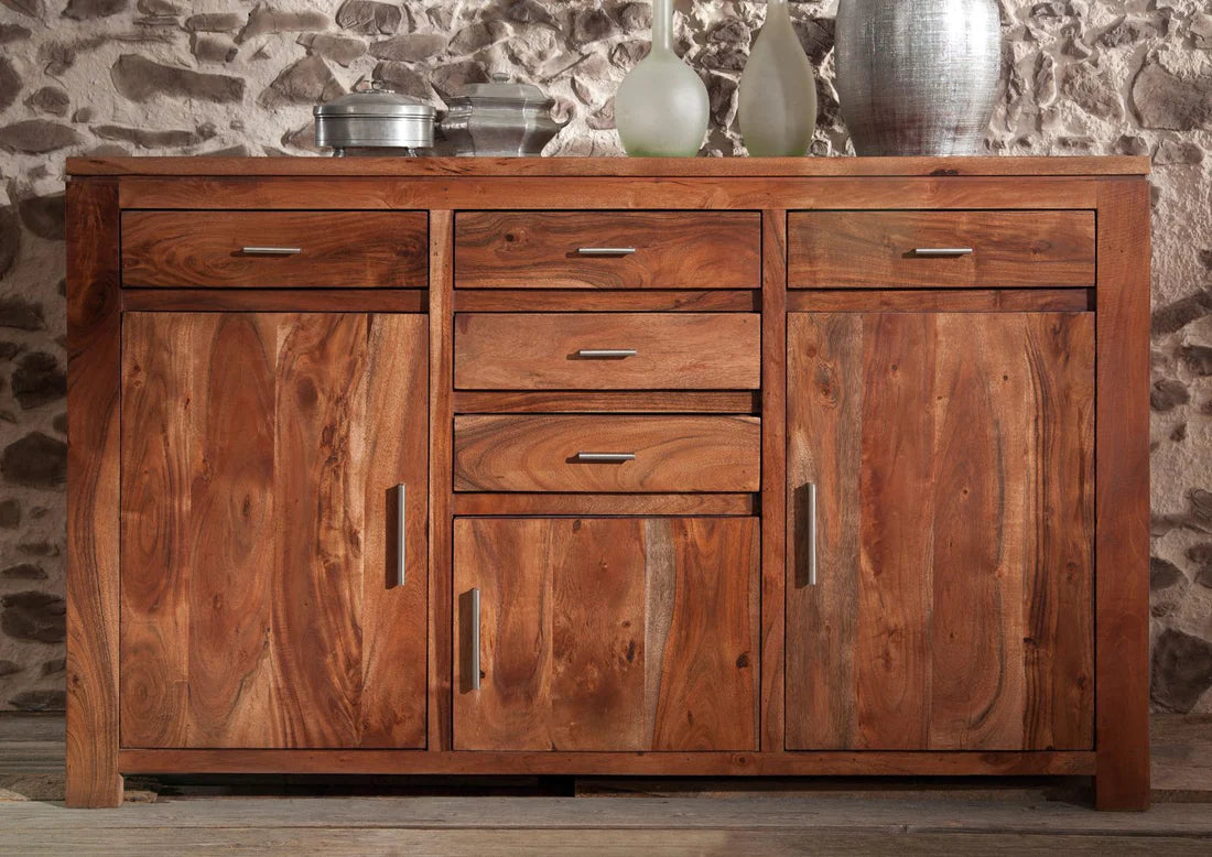 Gfine Solid Acacia Wood Sideboard - 3 Doors & 5 Drawers Storage Cabinet (137x43x88cm) - Perfect for Dining Room, Living Room & Entryway Organization