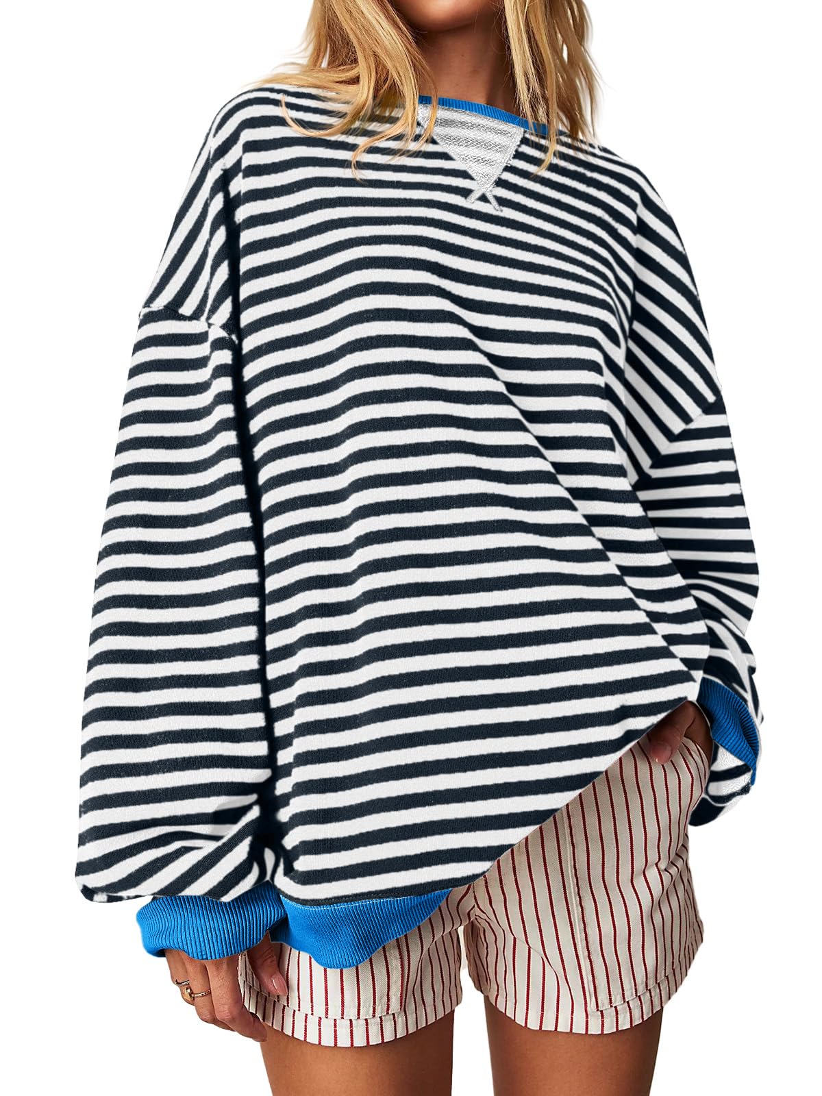 Fisoew Women's Striped Oversized Sweatshirt - Color Block Crew Neck Long Sleeve Pullover Top | Y2K Fashion | Casual Loose Fit for Streetwear, Lounge & Fall Outfits