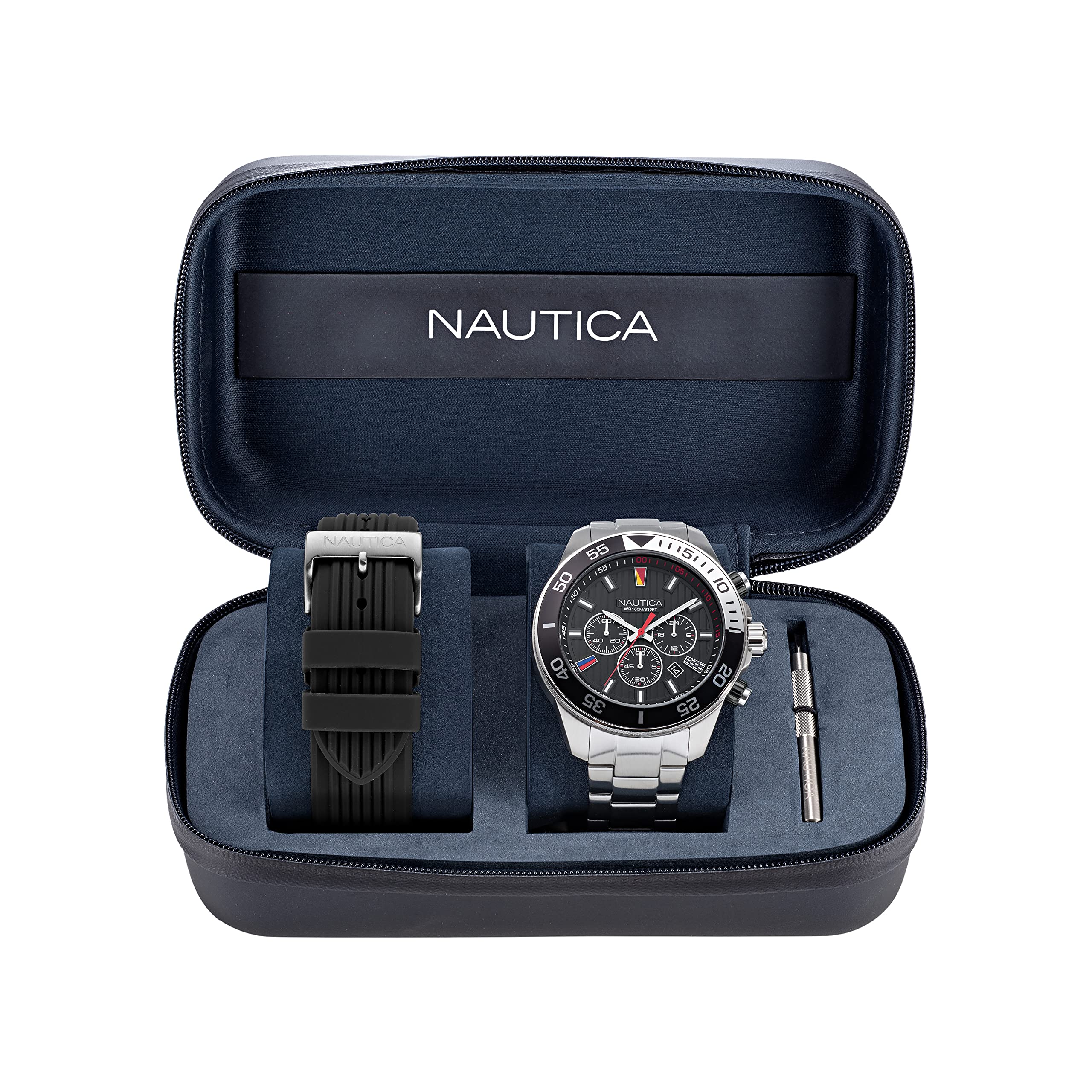 Nautica Men's NAPNOS306 Eco-Friendly Watch - 85% Recycled Stainless Steel Bracelet & Black Silicone Strap - Waterproof Casual & Dress Watch for Everyday Wear