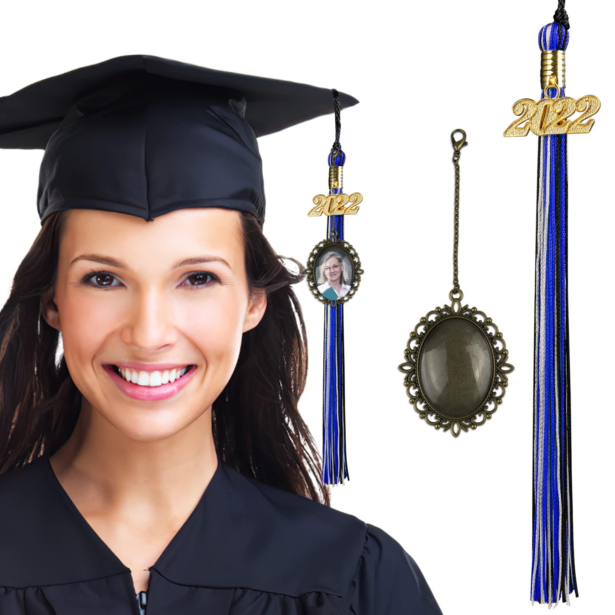 2022 Graduation Tassel with Year Charm & Photo Charm - Blue/White/Black Academic Tassel for Graduation Ceremony, Party Decor & Gift - Perfect for High School, College & University Graduation Celebrations
