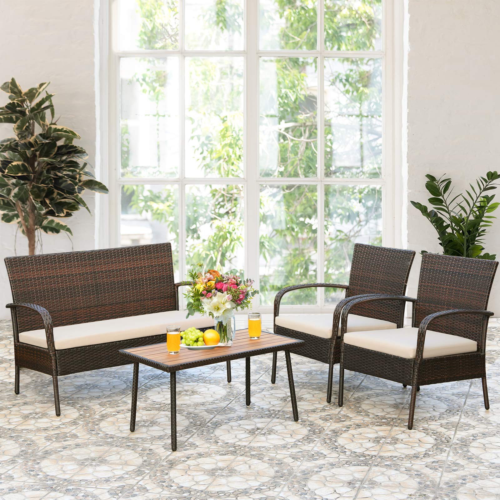 RELAX4LIFE 4-Piece Outdoor Patio Furniture Set - All-Weather Rattan Wicker Chairs with Acacia Wood Coffee Table & Cushions - Perfect for Garden, Poolside, Backyard, and Outdoor Entertaining