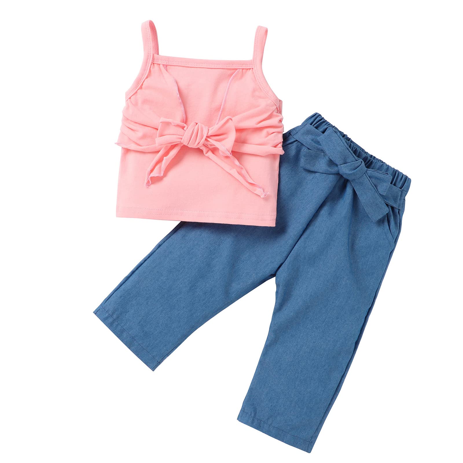 **Baby Girl Sleeveless Denim T-Shirt Set with Bowknot - 2-Piece Summer Outfits for Toddlers & Infants - Perfect for Playdates, Beach Trips, and Casual Outings**