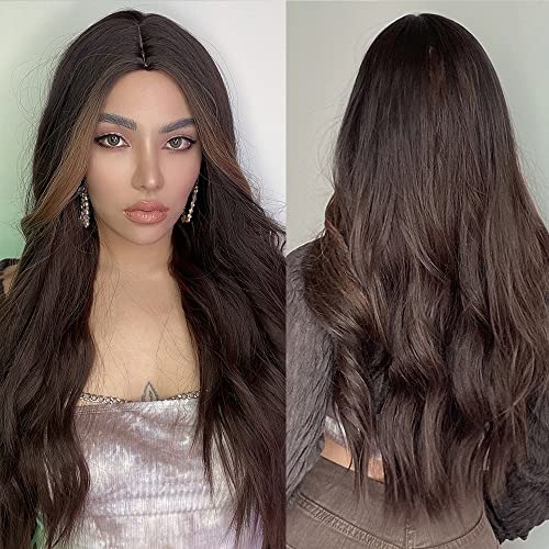 Dark Brown Heat Resistant Synthetic Fiber Wig with Bold Front Highlights - Perfect for Cosplay, Costume Parties & Daily Fashion