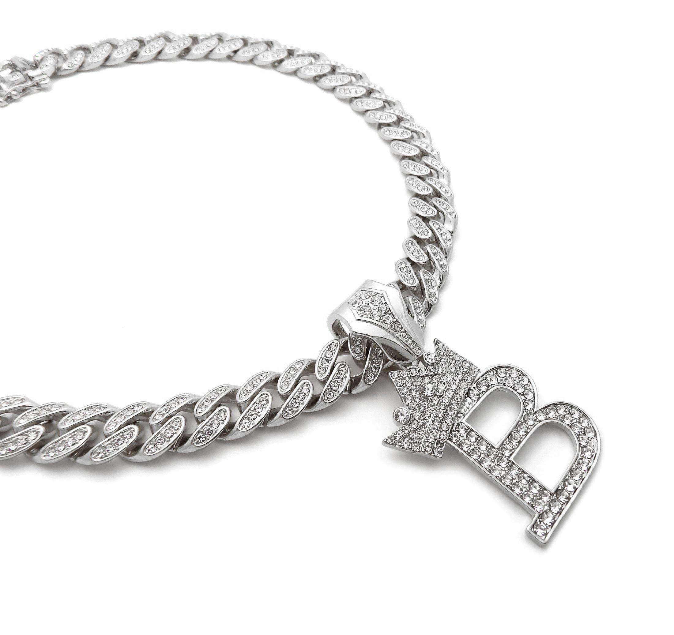 NYFASHION101 Iced Out Miami Cuban Chain Necklace with 12mm Stone Stud Crowned Initial Pendant - Perfect for Hip Hop Jewelry, Bling Accessories & Streetwear Fashion