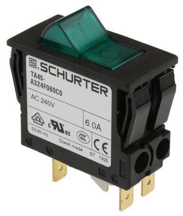 4430.2031 TA45 A624F140C0 AZM10, 2 Pole Rocker Switch, Non-Latched, 14 AMP 240VAC, 1 Pole Thermal Overload Protection, Screw Terminal, Green Illuminated Transparent Cover, IP54 Rated - Ideal for Industrial Control Panels and Electrical Equipment