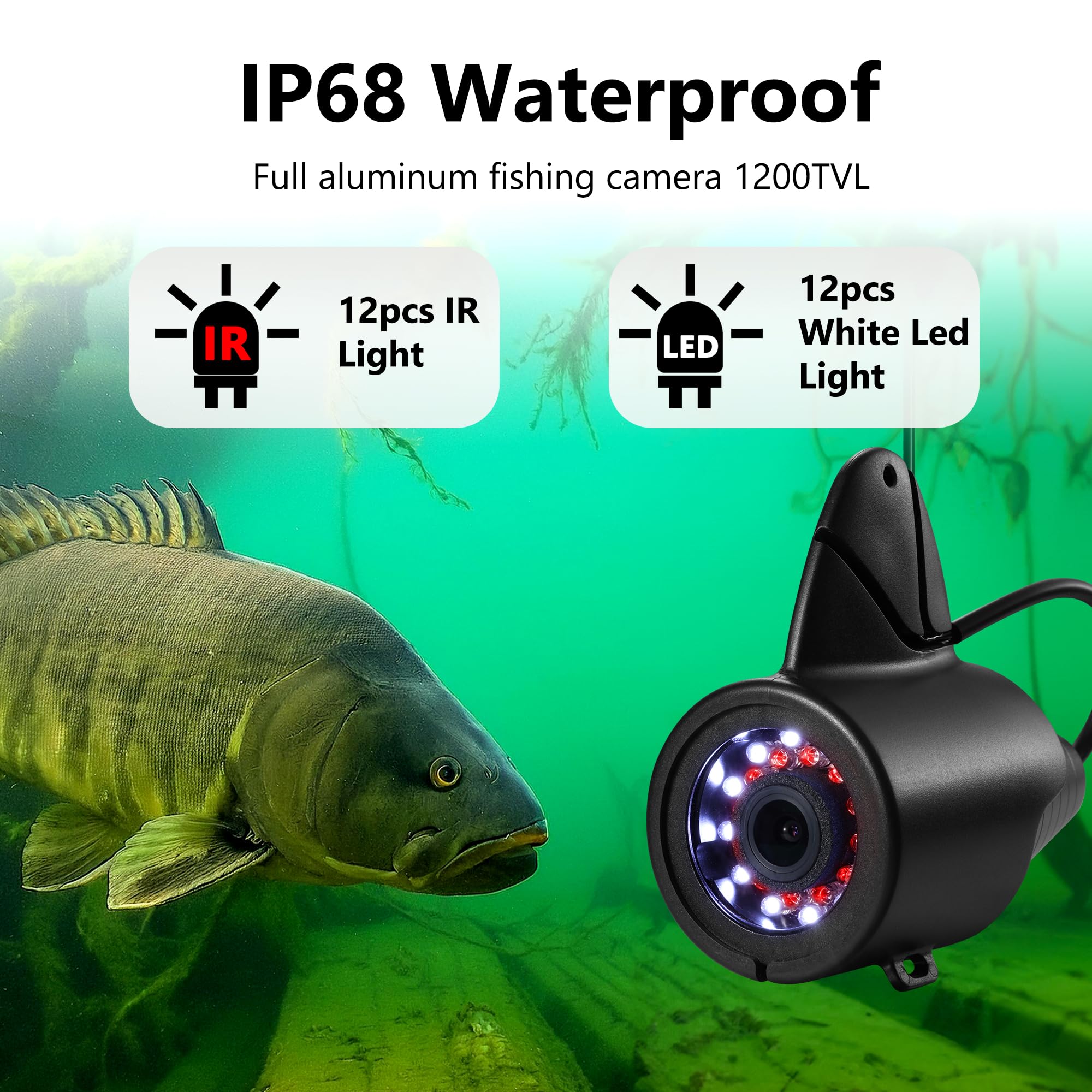 Underwater Fishing Camera with 12pcs IR & 12pcs LED Lights, 1200TVL HD, 7'' LCD Screen - 4,500mAh Li-Battery, 50ft Cable - Ice Fishing Camera & Fish Finder for Men - Perfect for Ice, Lake & Boat Fishing Adventures
