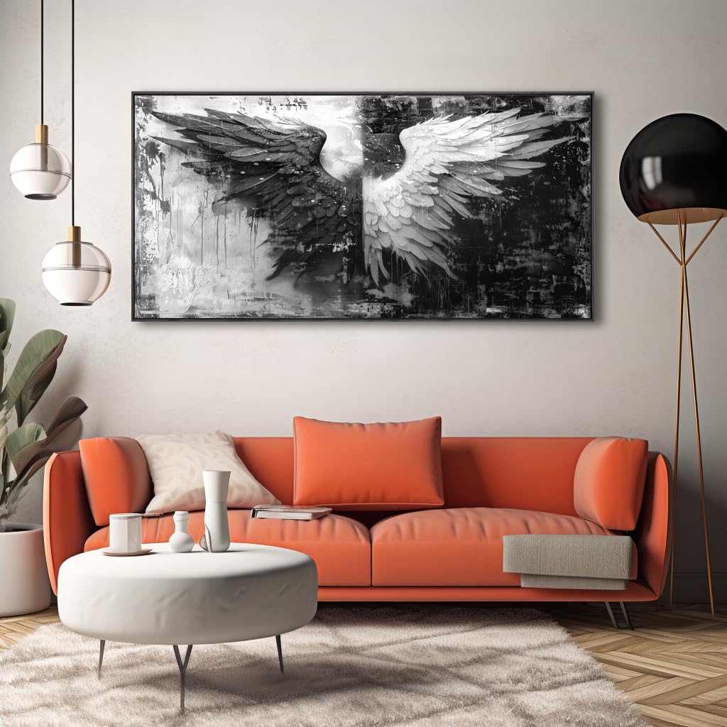 Modern Abstract Black and White Angel Wings Canvas Wall Art - Framed Home Decor for Bedroom, Living Room & Office - Perfect for Contemporary Interior Design & Gift Giving
