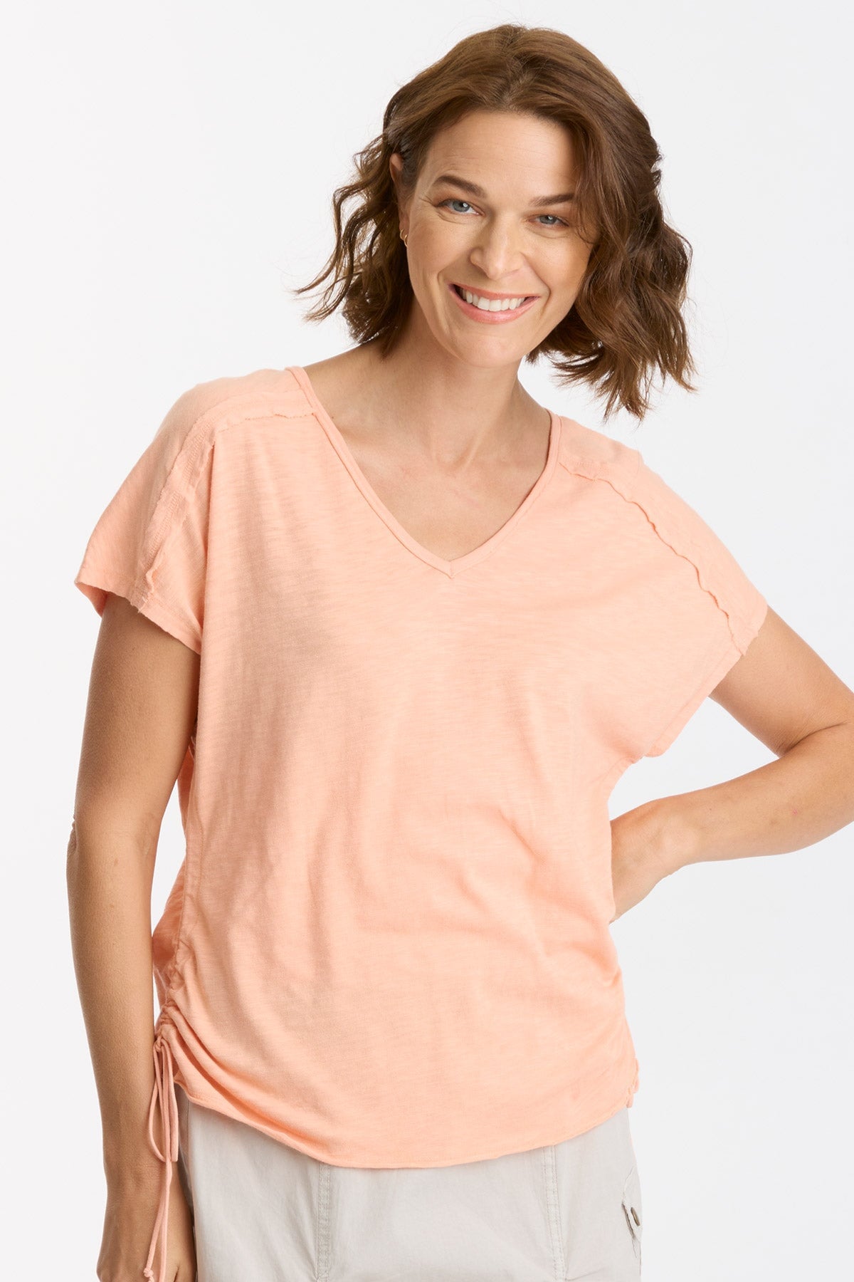 Diggory Cinched Cord V-Neck Jersey Tee for Women - Soft Stretch Casual T-Shirt for Everyday Wear | Perfect for Layering, Outings & Relaxing at Home