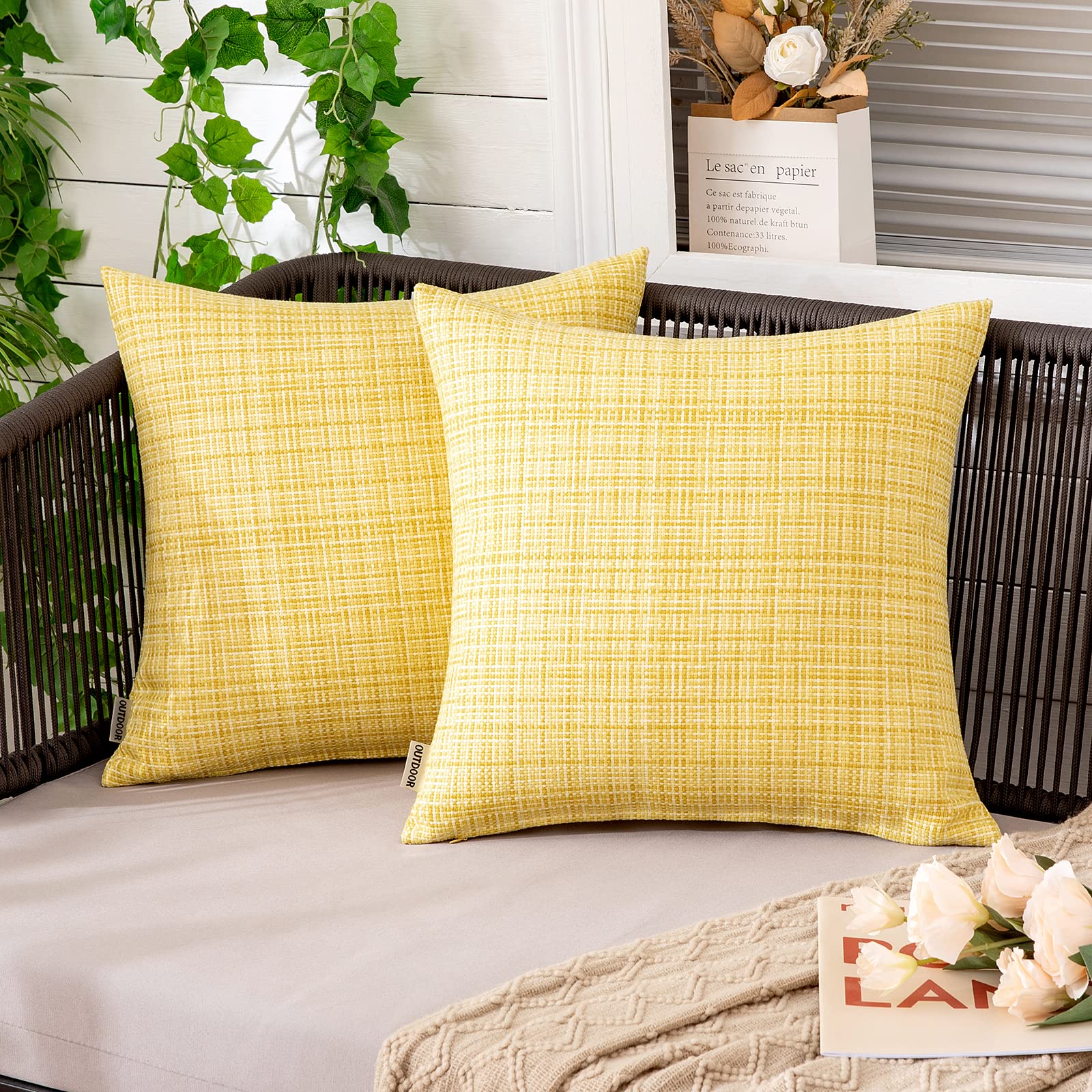 MIULEE Waterproof Outdoor Throw Pillow Covers 16x16 Inch - Farmhouse Decorative Cushion Covers for Patio, Garden, Sofa & Tent - Set of 2 Yellow - Perfect for Outdoor Furniture, Camping & Home Decor