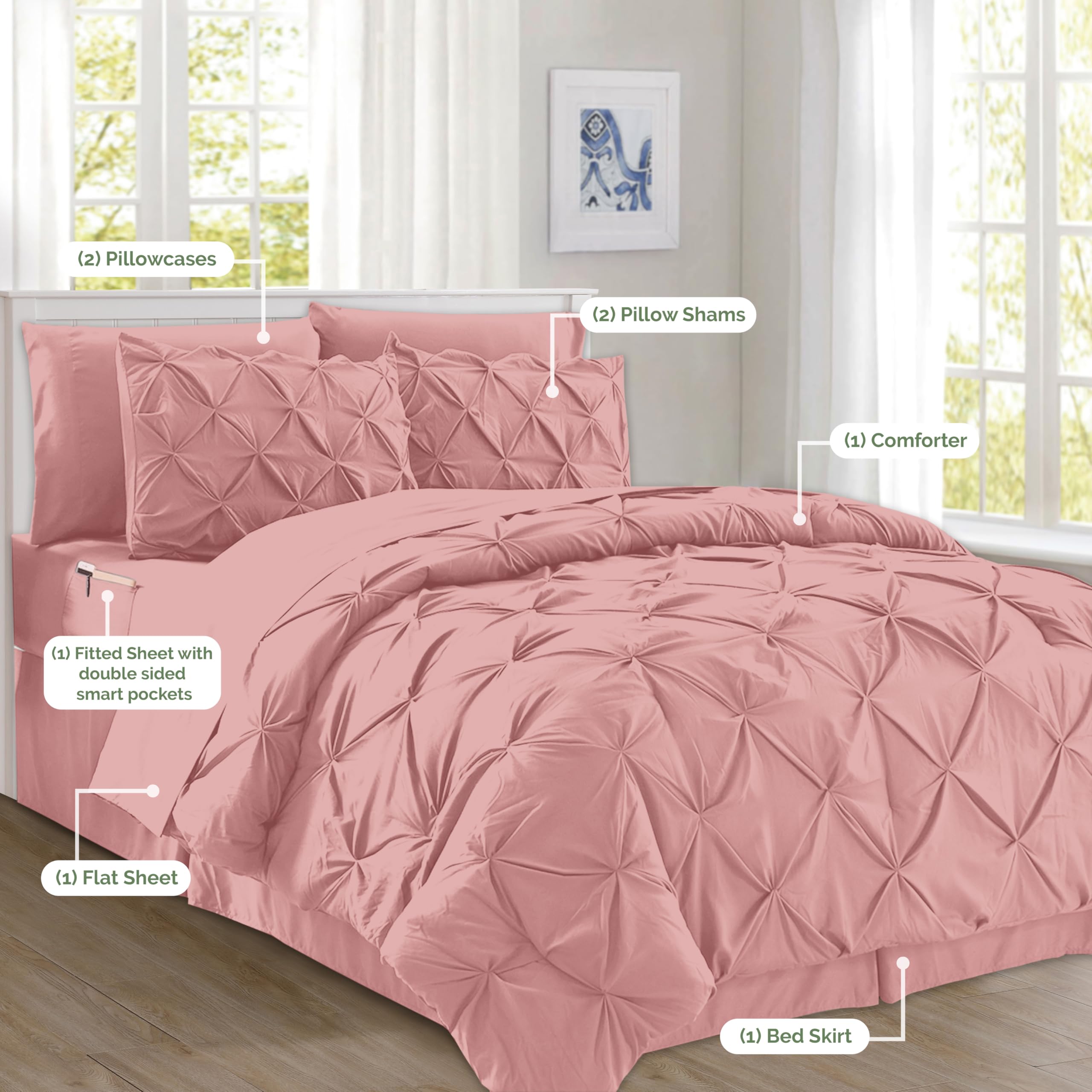 Luxury 6-Piece Comforter Set - Ultra Soft Bed in a Bag with Double Sided Storage Pockets, Twin/Twin XL, Dusty Rose | Perfect for Guest Rooms, Dormitories & Cozy Bedroom Decor