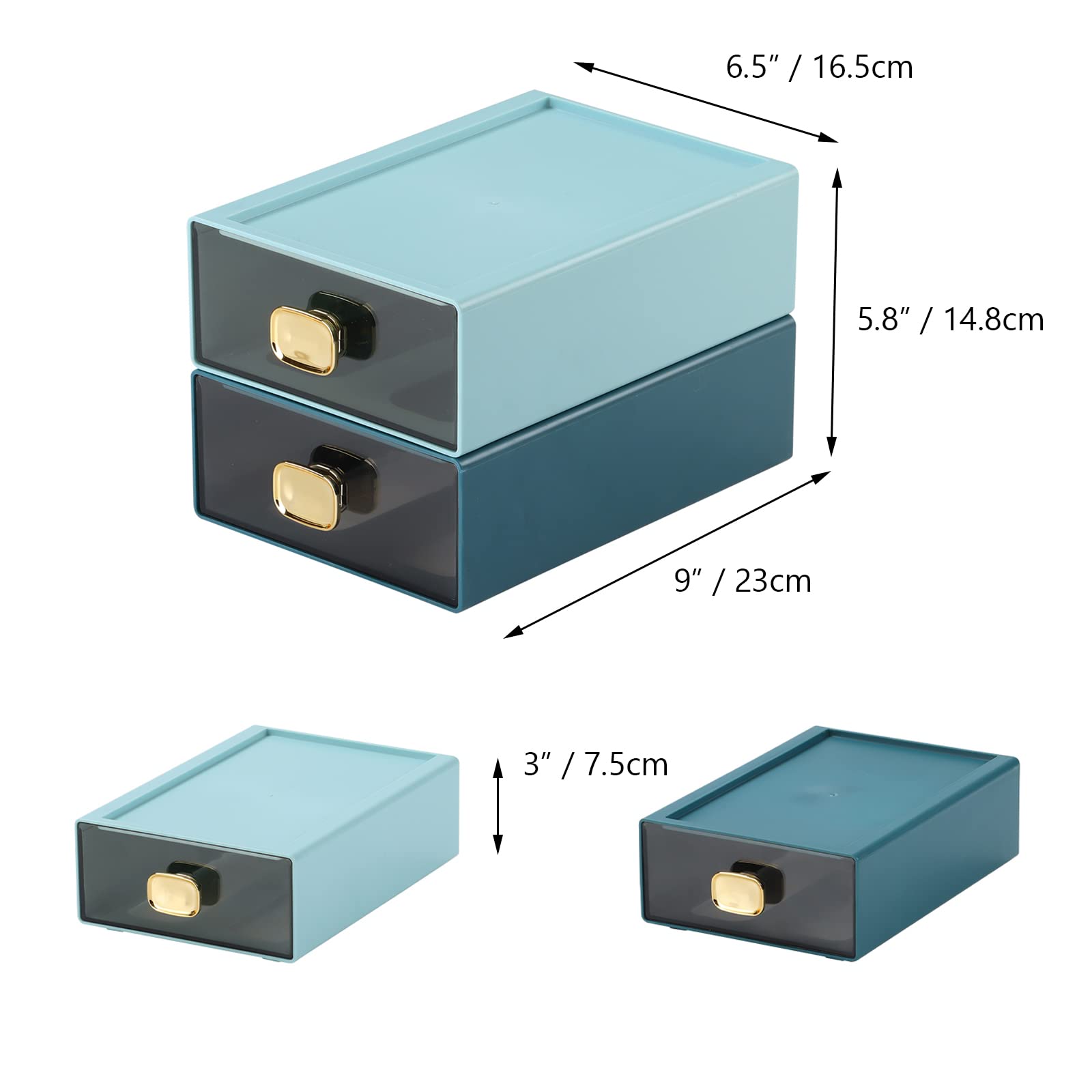 Stackable Plastic Desk Drawers Organizer with 2 Middle Drawers - Office, School & Home Storage Solution for Supplies (Blue & Cyan) - Perfect for Workspaces, Study Areas & Home Organization