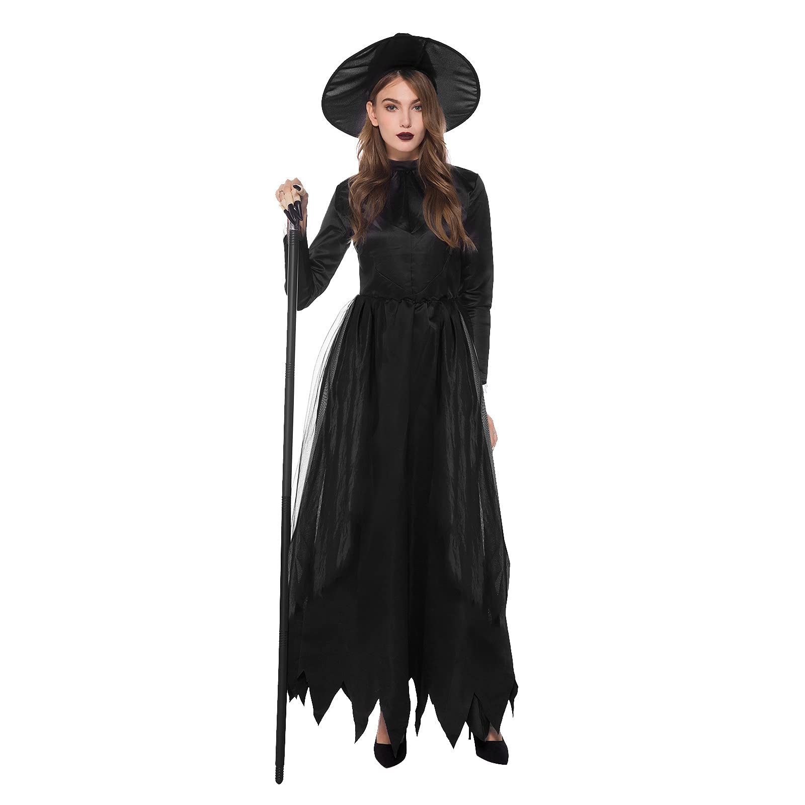 Women's Black Witch Halloween Cosplay Dress - Long Sleeve Solid Color Spring & Summer Gothic Costume for Parties, Cosplay Events and Themed Gatherings