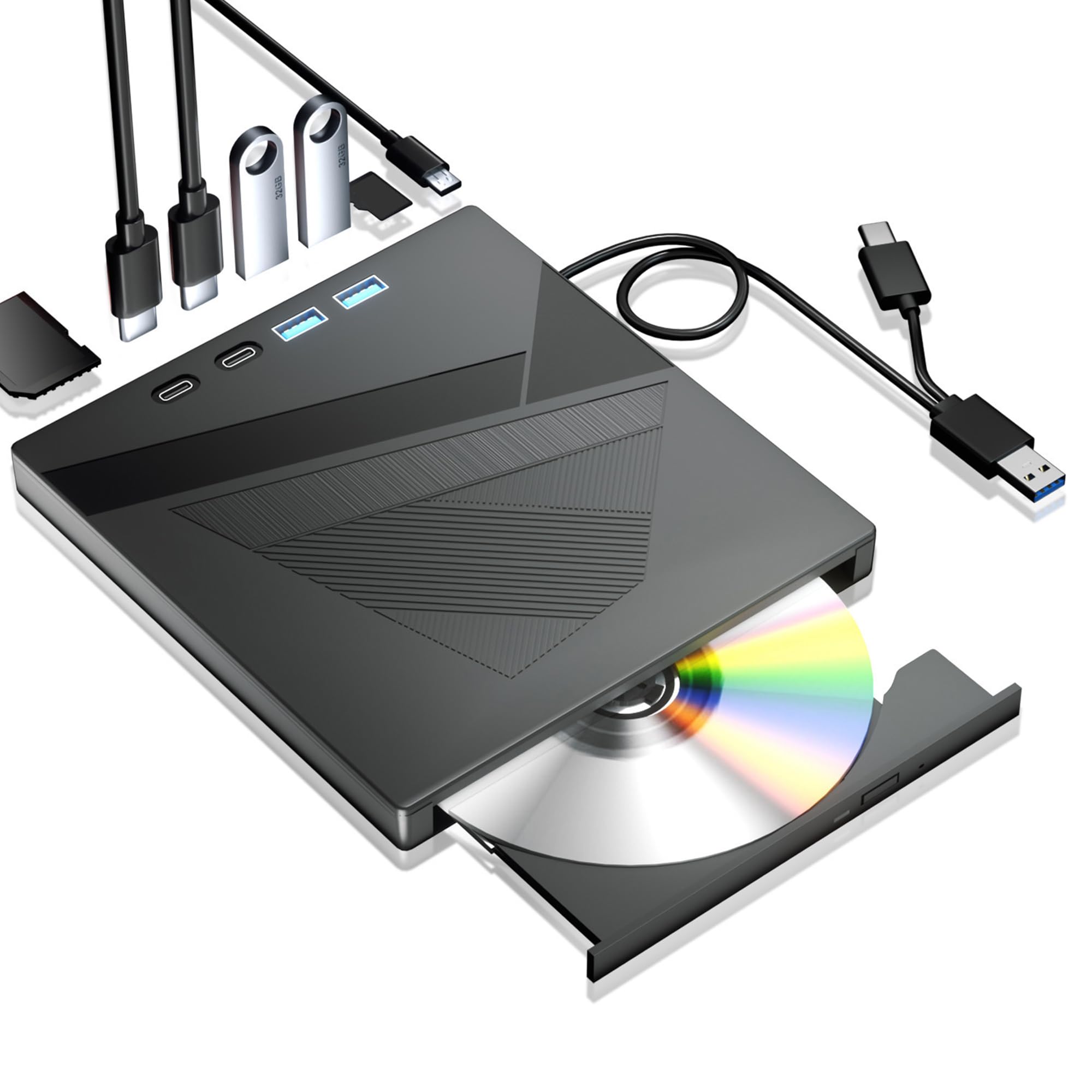 Portable External CD/DVD Drive USB 3.0 & Type-C - 7-in-1 DVD Player for Laptop, PC | High-Speed Data Transfer | Plug & Play | Compatible with Windows XP/7/8/10, Linux & Mac OS | Perfect for Home Office, Travel & Entertainment