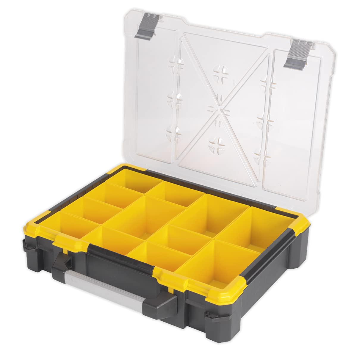 Sealey APAS12R 12-Compartment Plastic Tool Organizer Box - Durable Storage Case for Small Parts, Hardware, Nails & Screws - Perfect for Garage, Workshop & DIY Projects