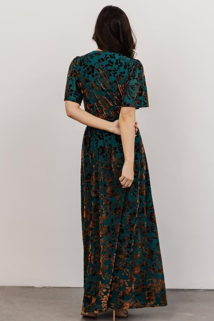 Basgute Women's Velvet Maxi Dress - Floral Wedding Guest Dress with Short Sleeves & V-Neck, Elegant Slit Formal Gown for Cocktail Parties, Evening Events & Special Occasions