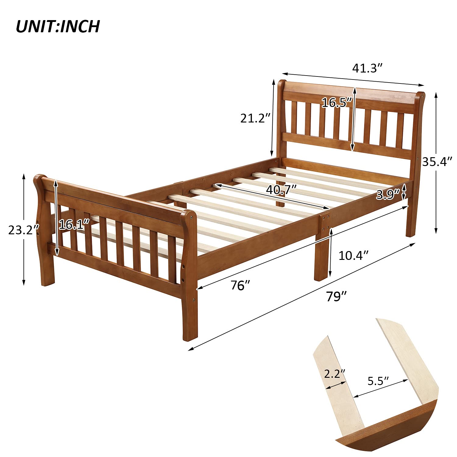 Merax Solid Wood Twin Size Platform Bed Frame with Headboard & Footboard - Sleigh Design, No Box Spring Needed, Sturdy Slat Support - Perfect for Kids' Rooms, Guest Bedrooms & Small Spaces (Walnut Finish)