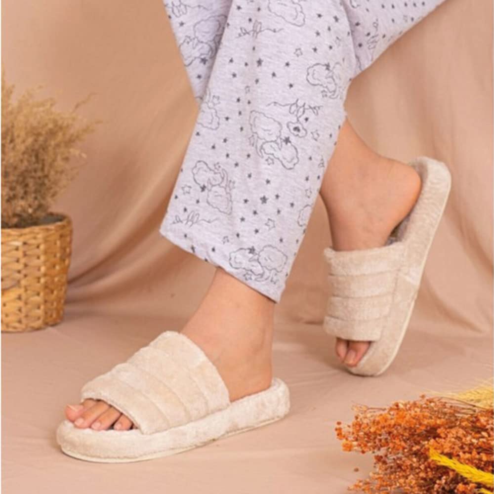 Breathable Soft Faux Rabbit Fur Open Heel Slippers for Women with Memory Foam - Comfortable Indoor Outdoor House Slippers (Size 5-10) - Perfect for Lounging at Home, Running Errands & Cozy Gift Giving