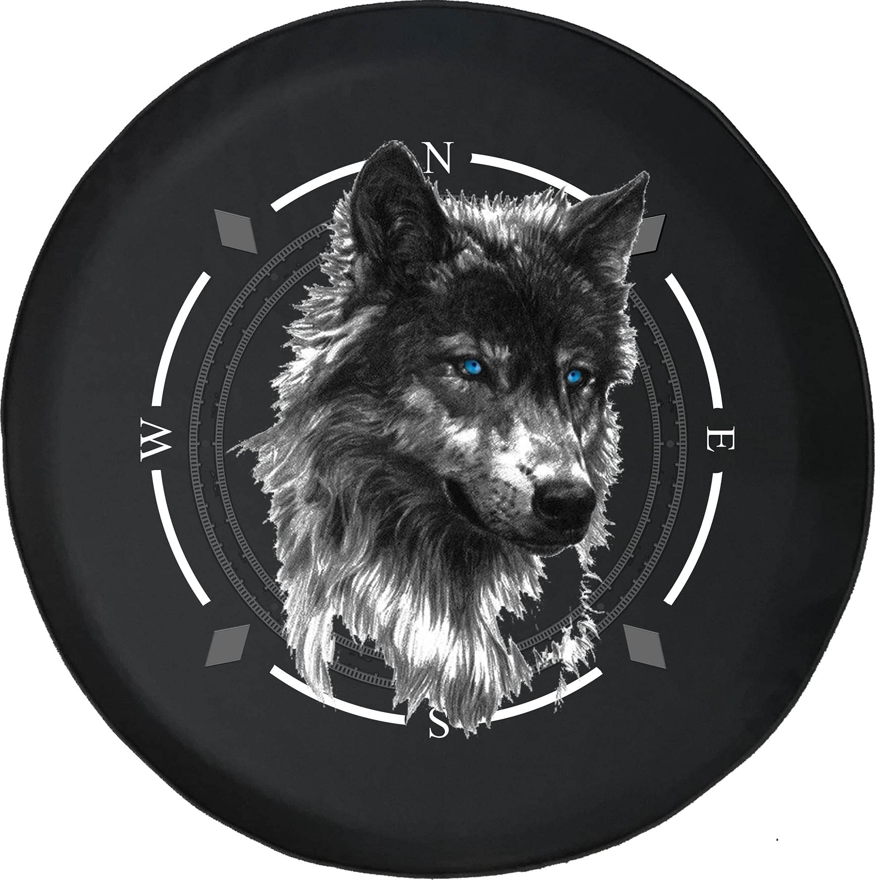 Premium American Unlimited Spare Tire Cover with Compass Design - Wild Grey Wolf Blue Eyes Wheel Protector for SUV, Trailer, RV & Multiple Vehicles | Durable Outdoor Accessory for Camping & Road Trips