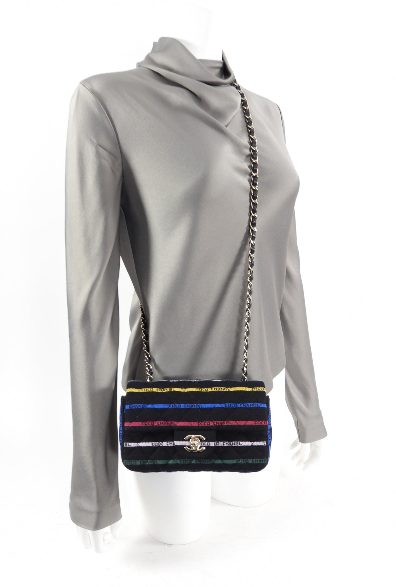 Chanel 22S Jersey Logo Mini Stripe Classic Flap Bag - Luxury Designer Crossbody Purse for Women | Perfect for Date Night, Parties & Special Occasions