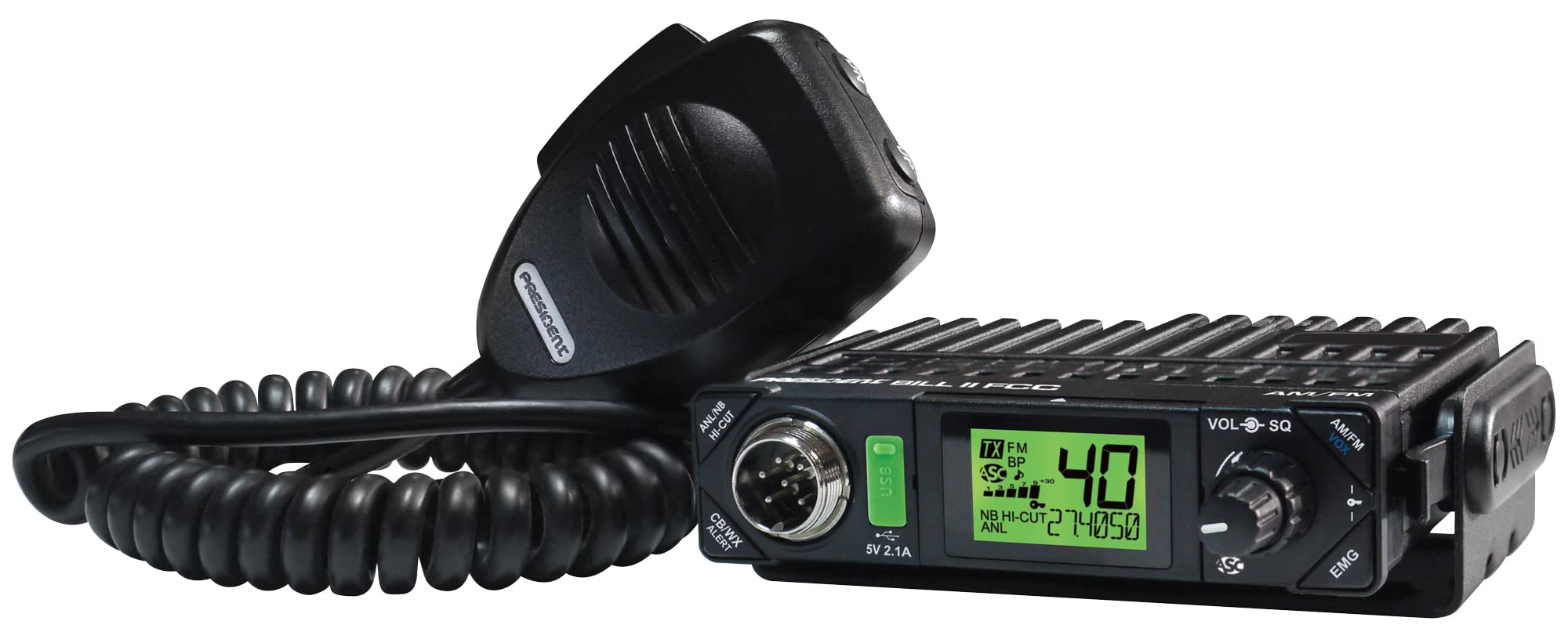 President Electronics BILL CB Radio - 40 Channel AM/SSB, 12V Power, USB 5V/2.1A Charging, LCD Display with S-Meter - for Truckers, Off-Roading & Emergency Communication