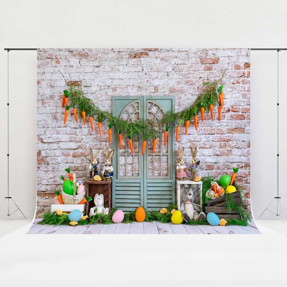 8x8ft Easter Bunny Backdrop with Carrot String & Brick Wall Design - Perfect for Easter Photo Booth, Baby Shower, Spring Party Decorations