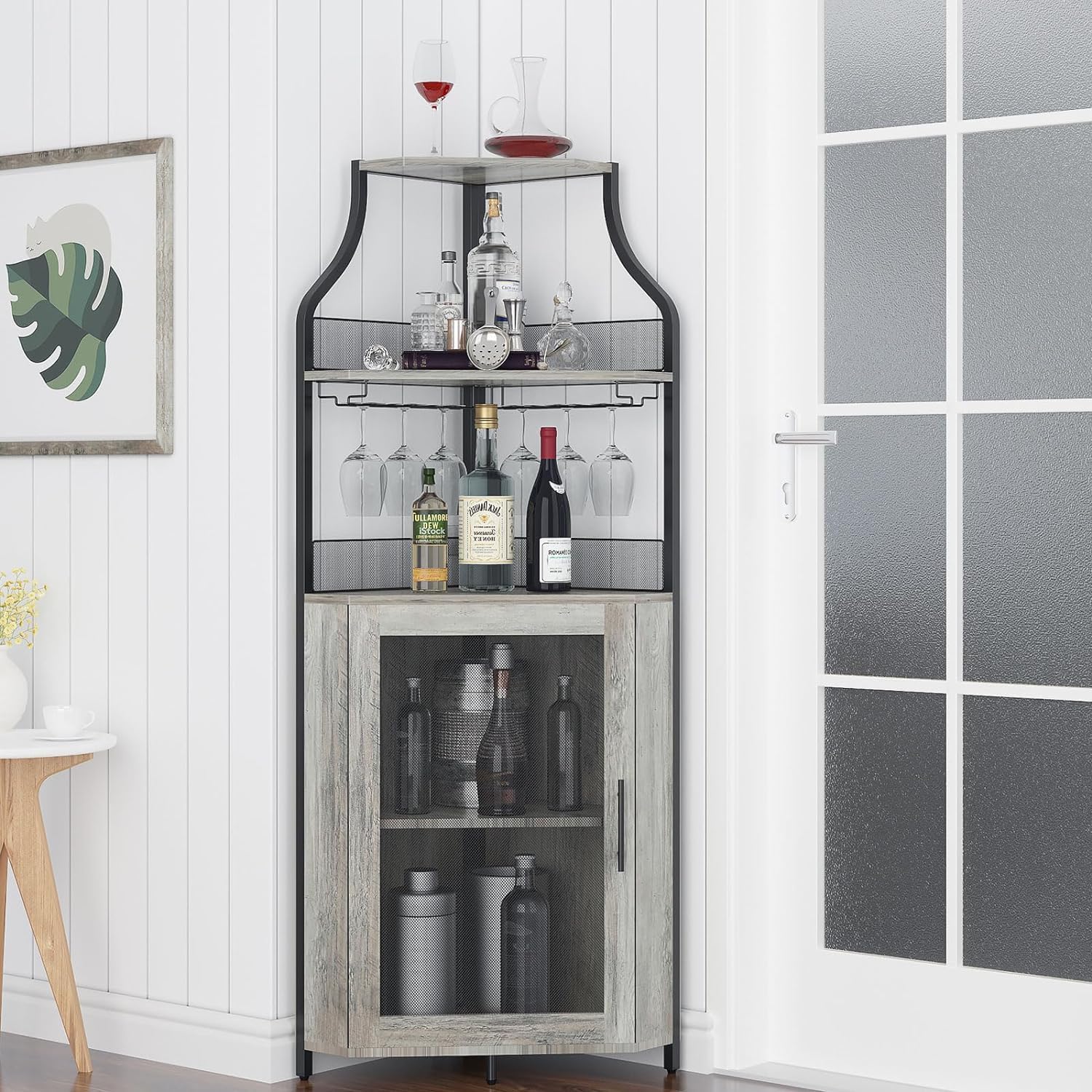 IDEALHOUSE 4-Tier Corner Wine Bar Cabinet with Large Storage Space, Detachable Wine Rack, Glass Holder & Mesh Door - Perfect for Home Bar, Dining Room or Living Room Decor (Grey)