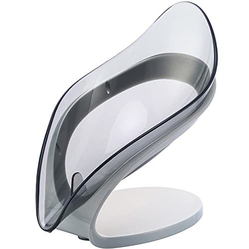 Rotatable Multi-Use Leaf Shaped Soap Dish with Suction Cup - Free Punch Drain Design Soap Holder for Kitchen & Bathroom - Gray Home Accessory (Perfect for Showers, Sinks, and Countertop Organization)