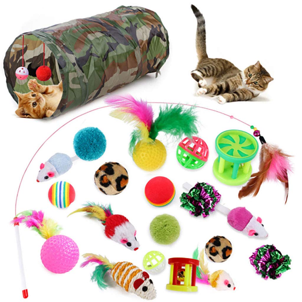DRHU 21-Piece Foldable Cat Tunnel Toy Kit with Badminton Mouse - Interactive Pet Game Supplies for Kittens & Dogs - Perfect for Indoor Play & Exercise
