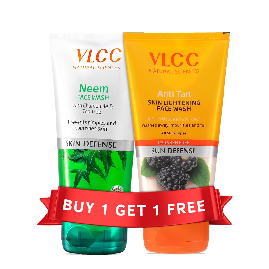 VLCC Neem Face Wash & Anti Tan Face Wash Combo - 150ml x 2 (300ml Total) - Buy 1 Get 1 Free - with Neem Extract, Chamomile Oil, Tea Tree Oil & Mulberry Extract - Deep Cleansing for Acne, Brightening for Dull Skin - Perfect for Daily Skincare Routine & Travel