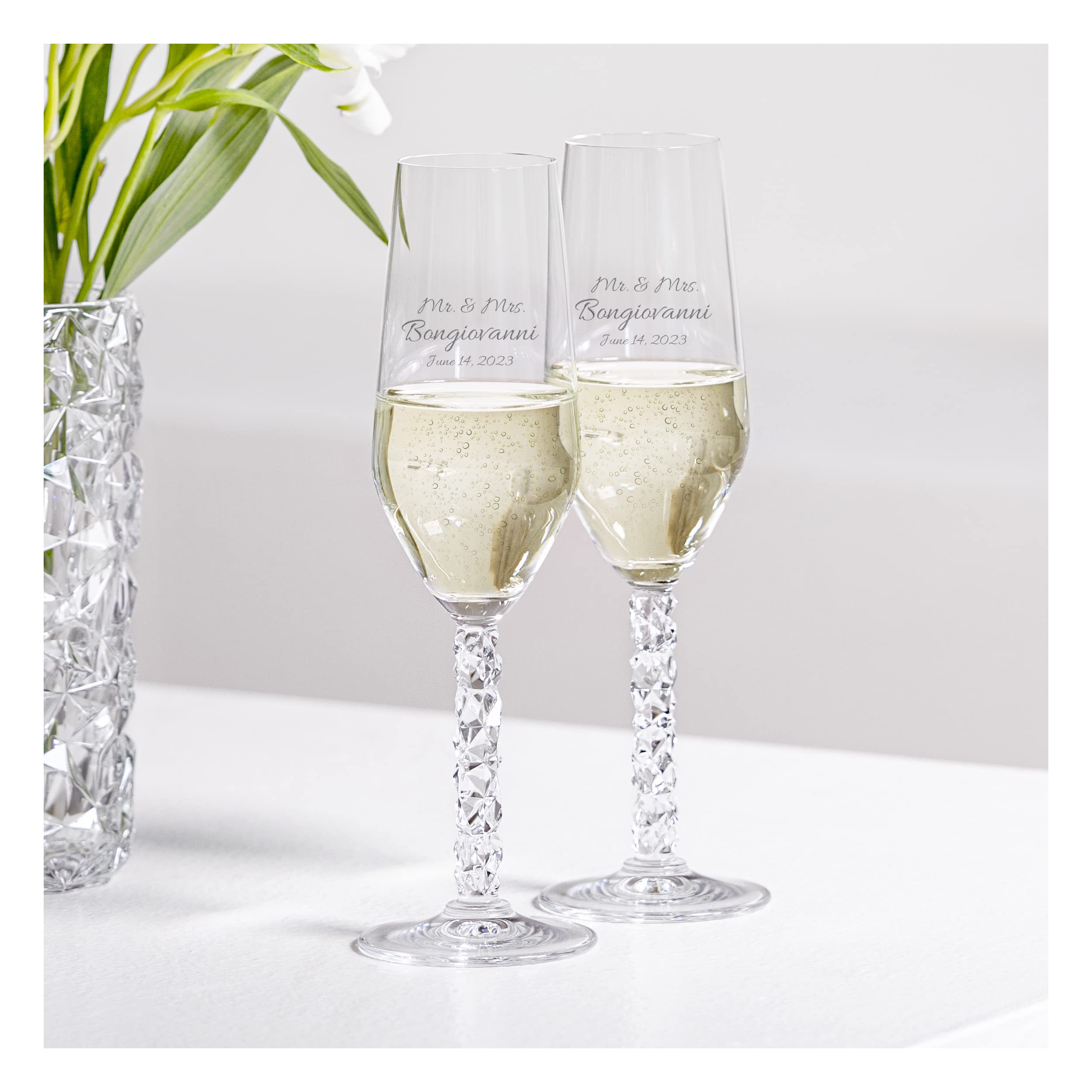 Orrefors Personalized Carat Wedding Champagne Flutes Set of 2 - Custom Engraved Crystal Toasting Glasses for Bride & Groom - Elegant Wedding Gift & Anniversary Present - Perfect for Romantic Toasts & Special Celebrations