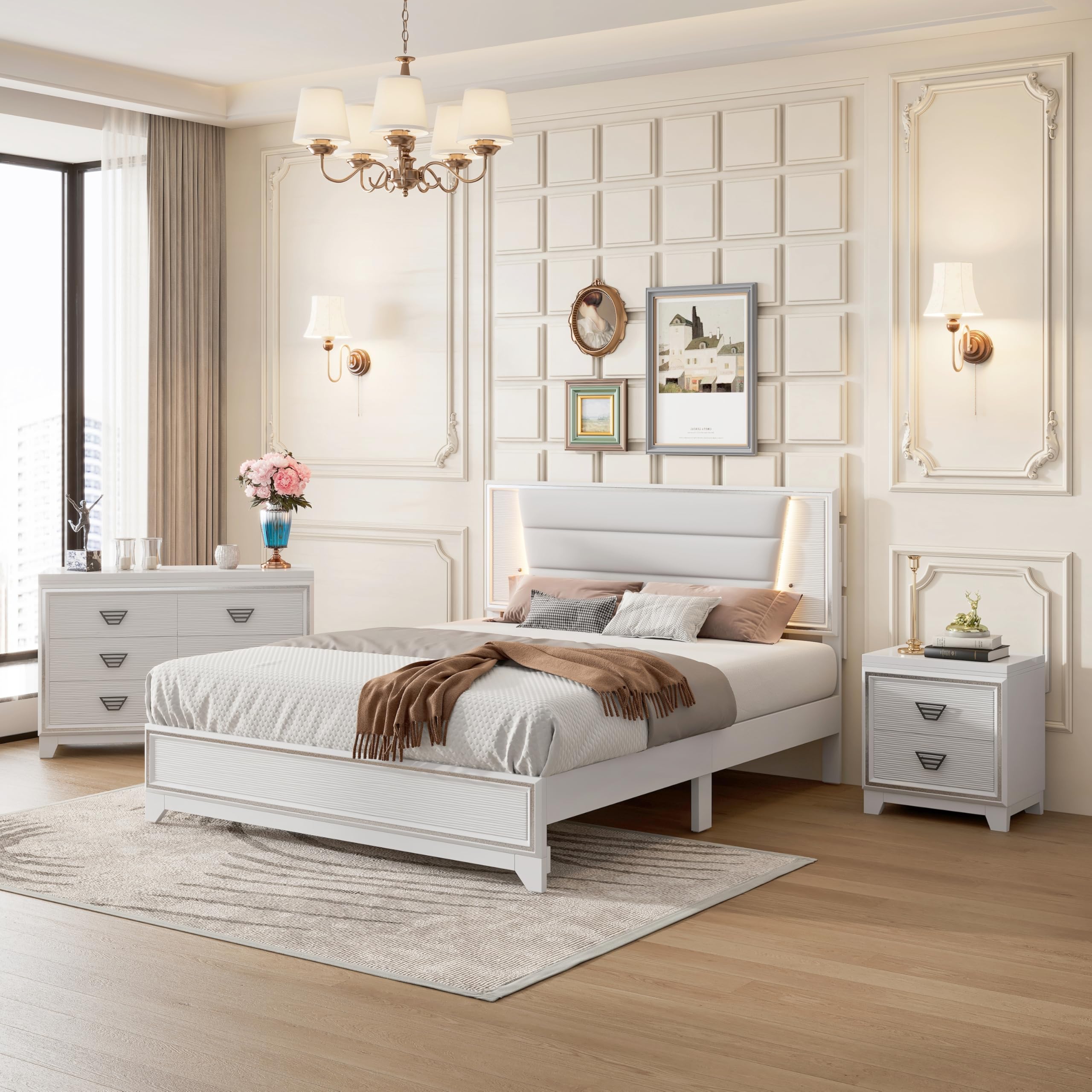 Harper & Bright Designs 3-Piece Queen Size Bedroom Set with LED Lights - Upholstered Bed, Nightstands & Dresser with Metal Handles - Modern White Wood Furniture for Master Bedroom, Guest Room & Apartment Decor