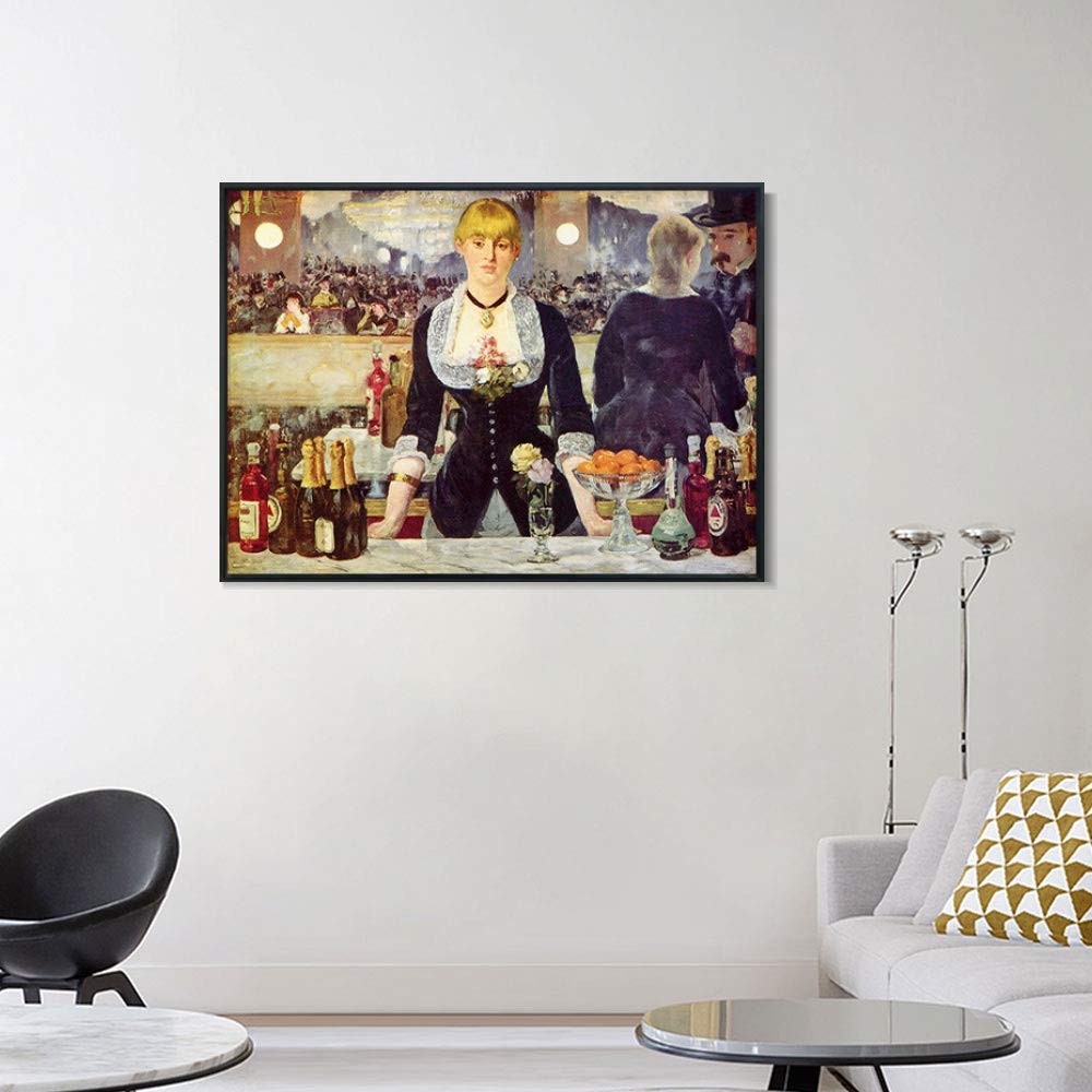 INVIN ART Framed Canvas Print - A Bar at The Folies Bergere by Edouard Manet - Premium Wall Art for Living Room & Home Office Decor (24x32 Inches, Black Slim Frame) - Perfect for Art Lovers & Interior Design