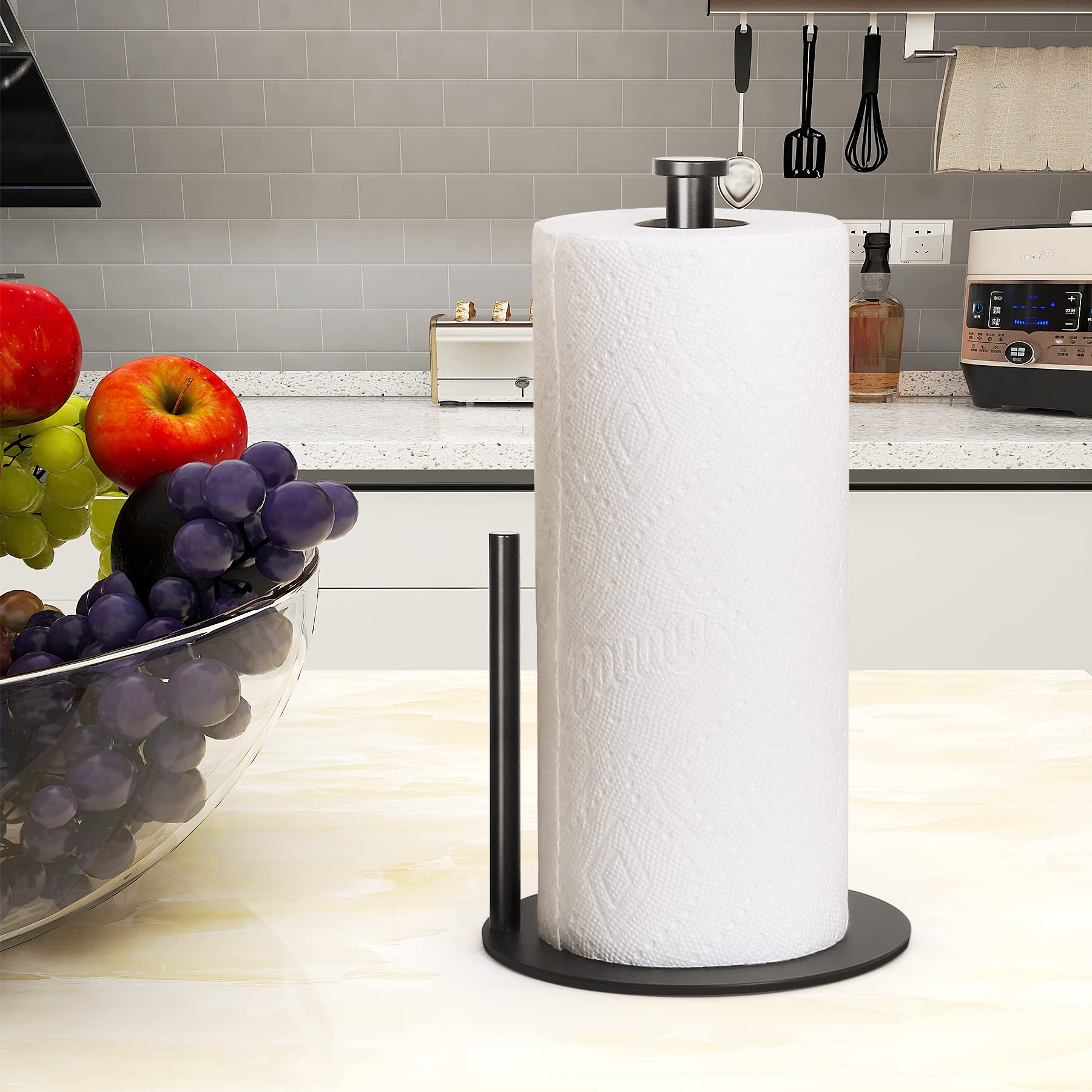 OBODING Black Stainless Steel Paper Towel Holder for Kitchen & Bathroom - Countertop Stand Fits Standard & Large Rolls (Matte Black) - Perfect for Home, Office, and Restaurant Organization