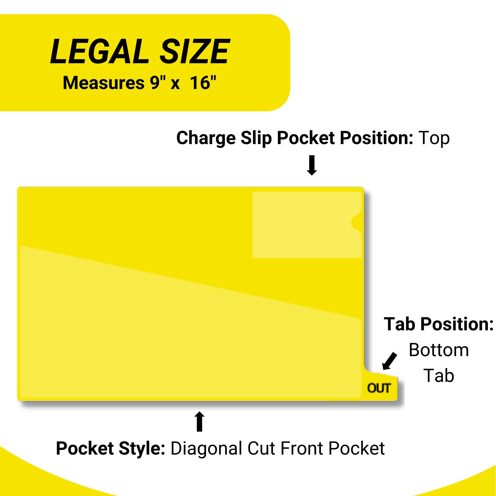Vinyl File Folders with Diagonal Cut Front Pocket & Top Slip Pocket - Legal Size 9x16 Inches, Yellow (50/Box) - Perfect for Office Organization, Medical Records & Legal Documents