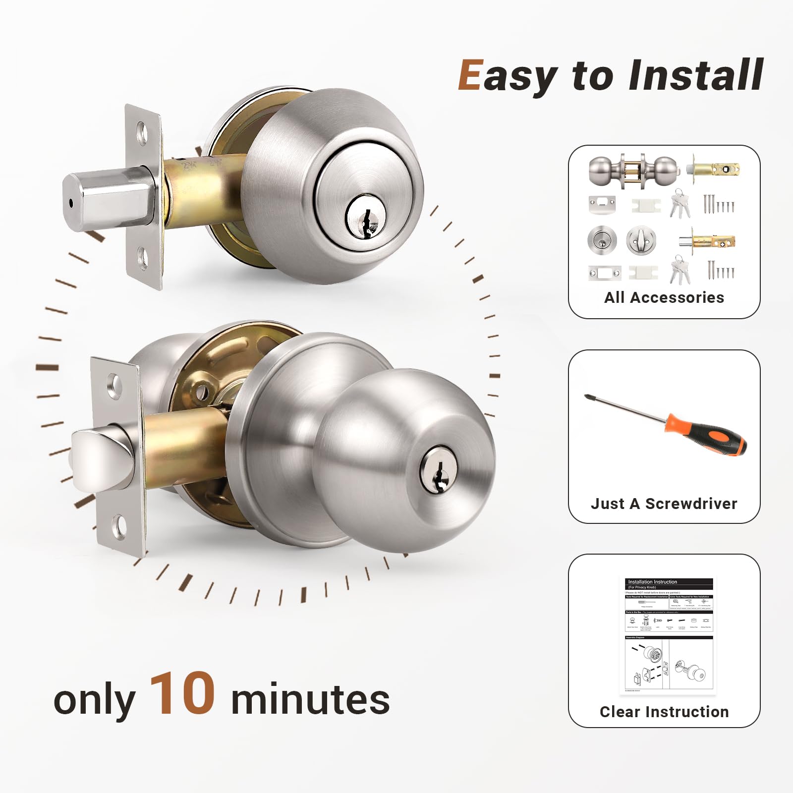 10 Pack Satin Nickel Entry Door Knobs with Single Cylinder Deadbolt - Keyed Alike Door Handle Set for Front Door (Stainless Steel) - Perfect for Home Security & Multi-Door Access Control