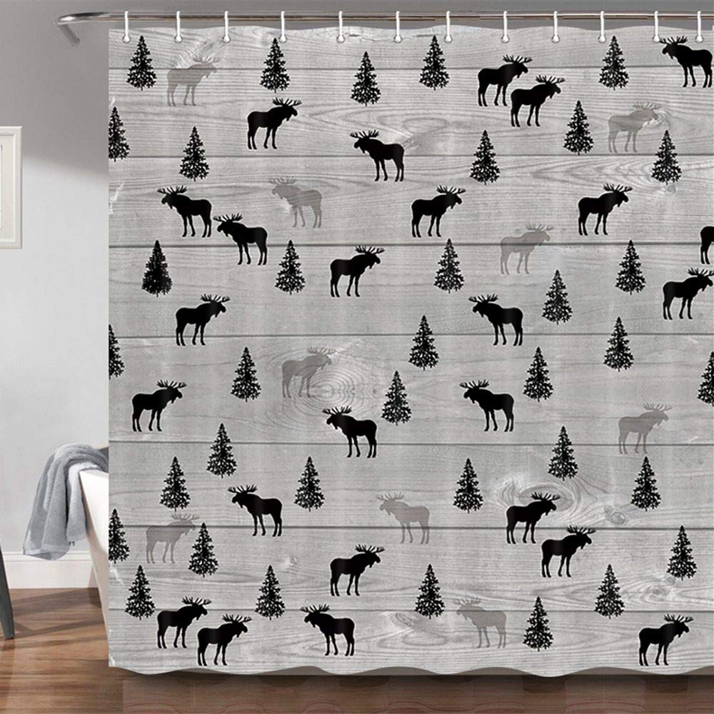 JAWO Rustic Lodge Cabin Shower Curtain - Vintage Moose Deer Pine Tree Design, Country Style Bathroom Decor with 12 Hooks, Wildlife Themed Gray & Black Bath Accessories (69x70 Inches) - Perfect for Cabin, Farmhouse or Nature-Inspired Bathrooms