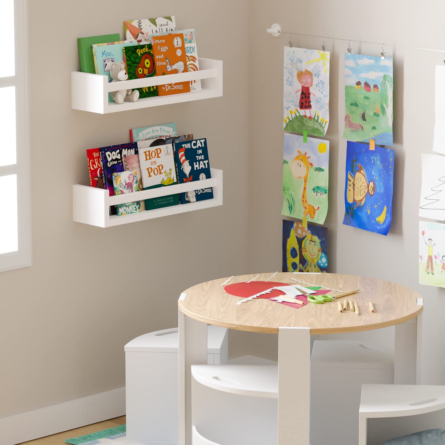 Elba Floating Bookshelves for Kids - Set of 2 White Wall-Mounted Nursery Shelves | Space-Saving Book Storage for Bedroom, Playroom & Classroom Decor