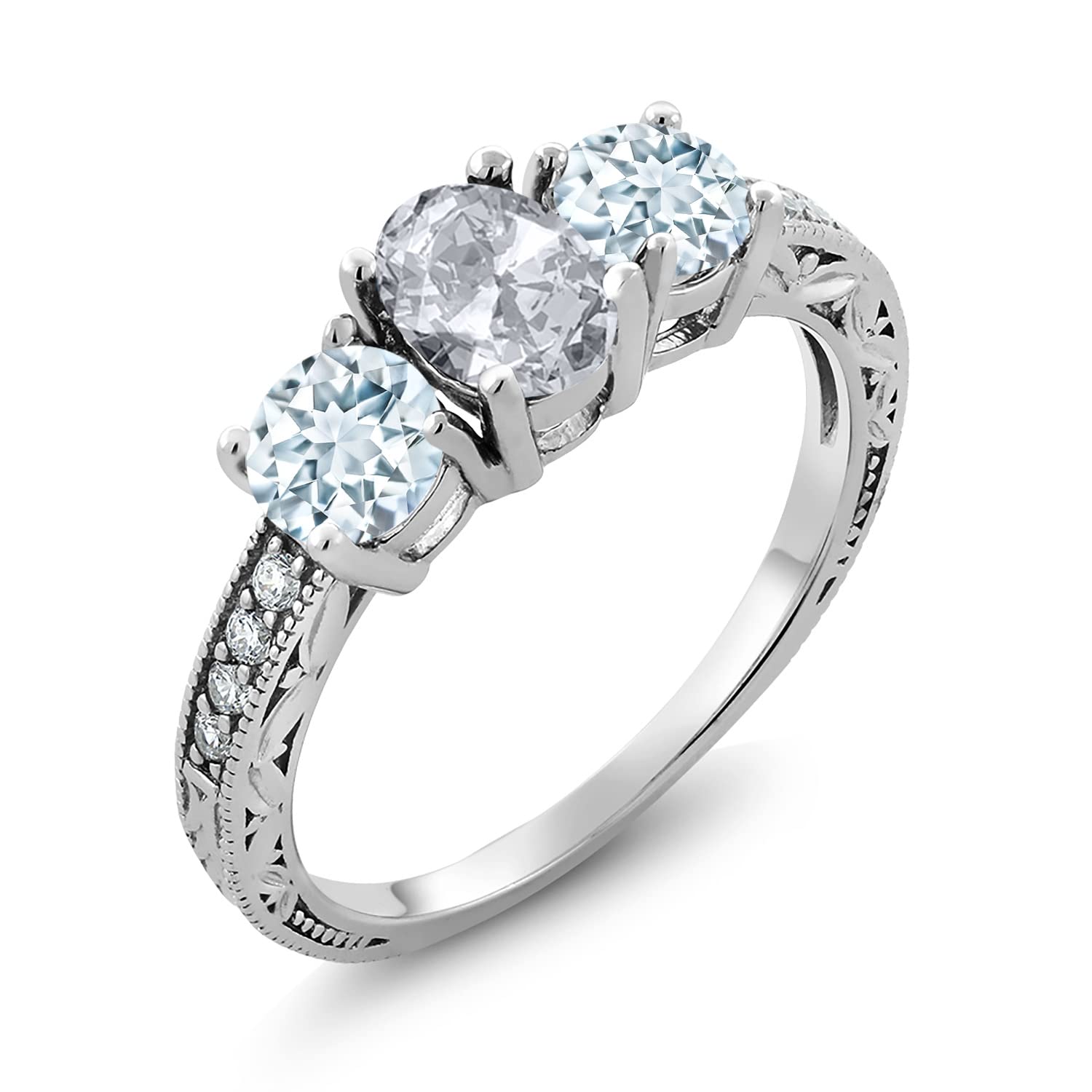 1.87 Ct Oval White Topaz & Sky Blue Aquamarine Sterling Silver Ring for Women | 925 Silver Engagement Ring | Gem Stone King | Perfect for Weddings, Anniversaries & Gift Giving