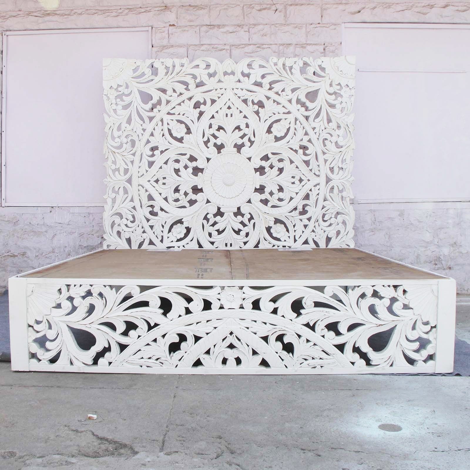 Hand Carved Indian Solid Wooden Amani Bed Frame - Queen Size White - Elegant Boho Bedroom Furniture for Master Bedroom or Guest Room