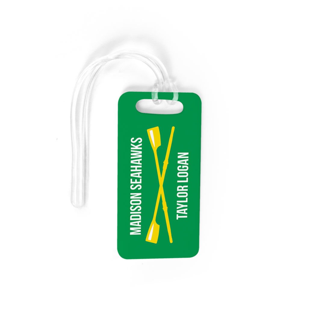 Personalized Crew Luggage Tag with Crossed Oars Design - Small Green/Yellow Bag Tag with Standard Lines on Back - Perfect for Travel, Cruise, and Sports Team Identification