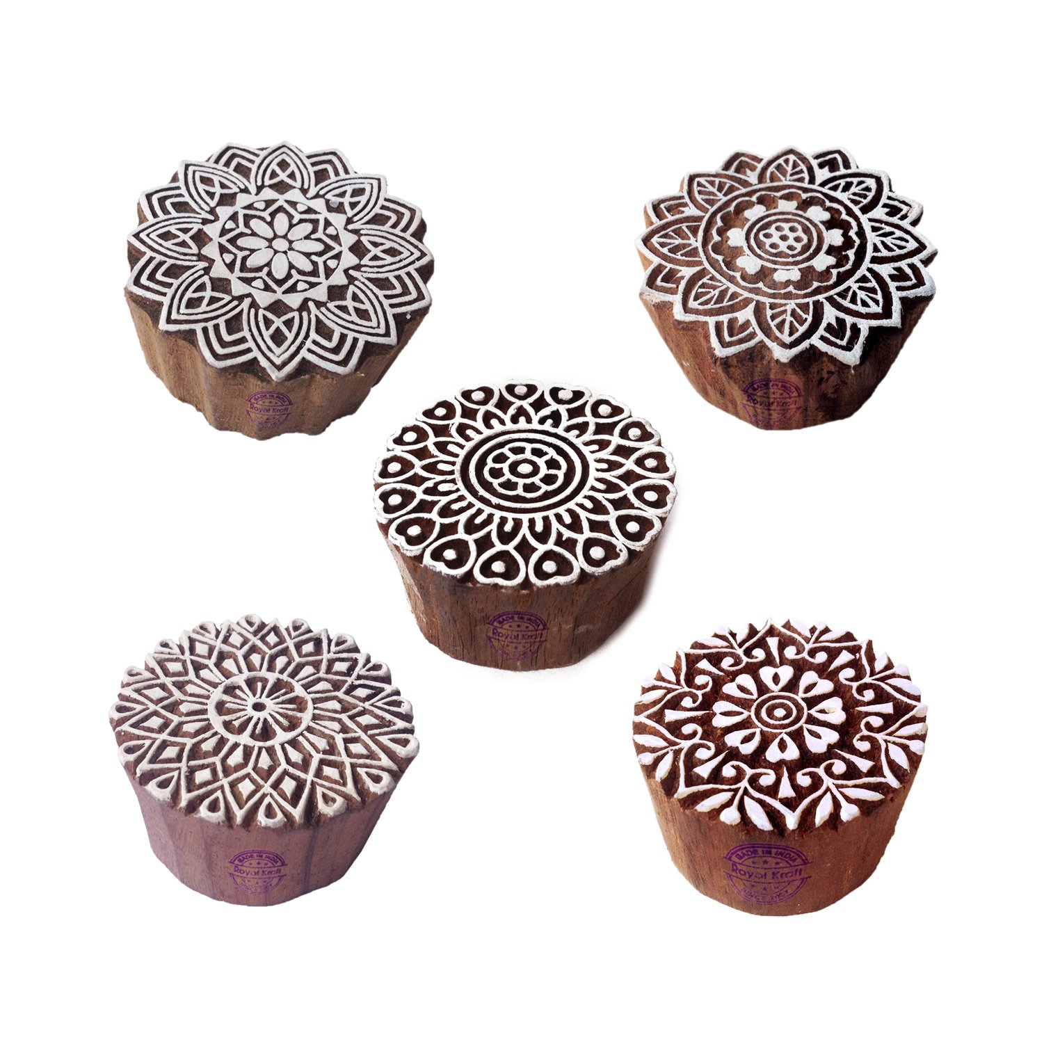 Mandala Wood Stamps Set of 5 - Block Printing for DIY Crafts & Fabric
