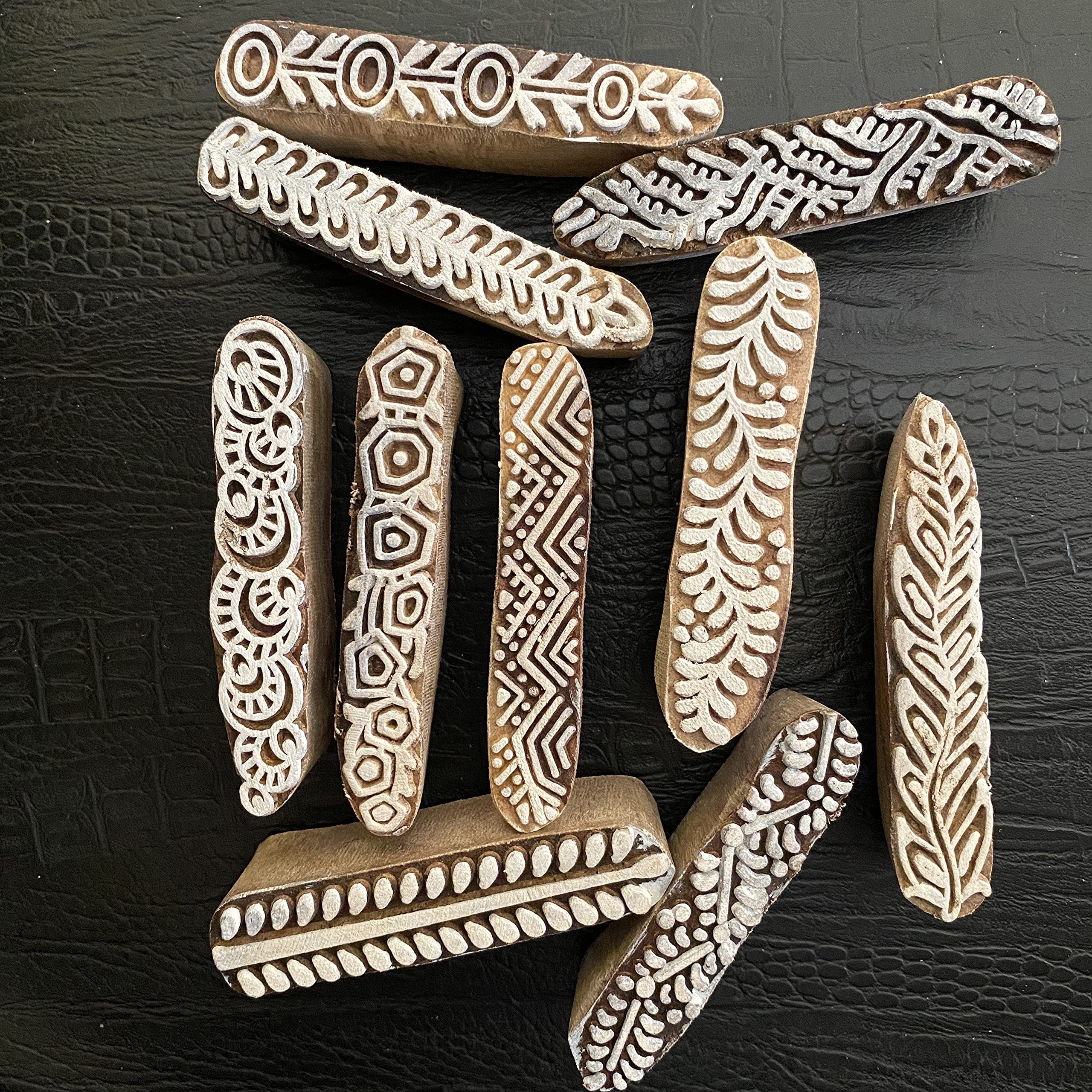 AnNafi® Mehendi Print Blocks - Set of 10 Wooden Border Pattern Stamps for Fabric, Textile, Pottery & Saree Decoration | DIY Craft Stamps for Henna Designs, Canvas Painting & Home Decor Projects