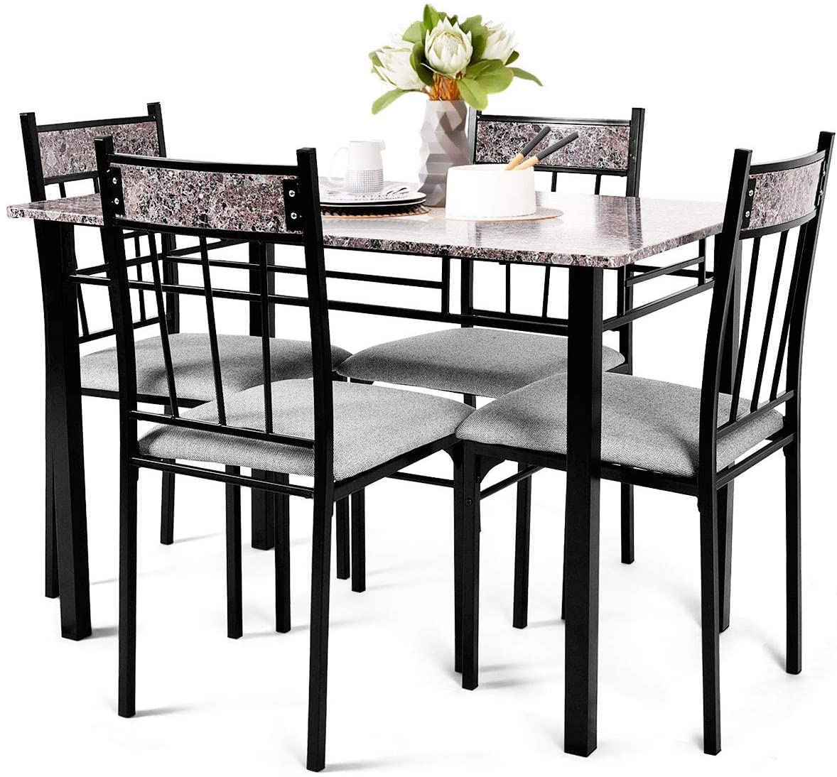 Modern 5-Piece Marble Dining Table Set with Sponge Cushion - Kitchen & Dining Room Furniture for Apartment, Restaurant, Living Room | Perfect for Family Gatherings, Dinner Parties & Small Space Dining