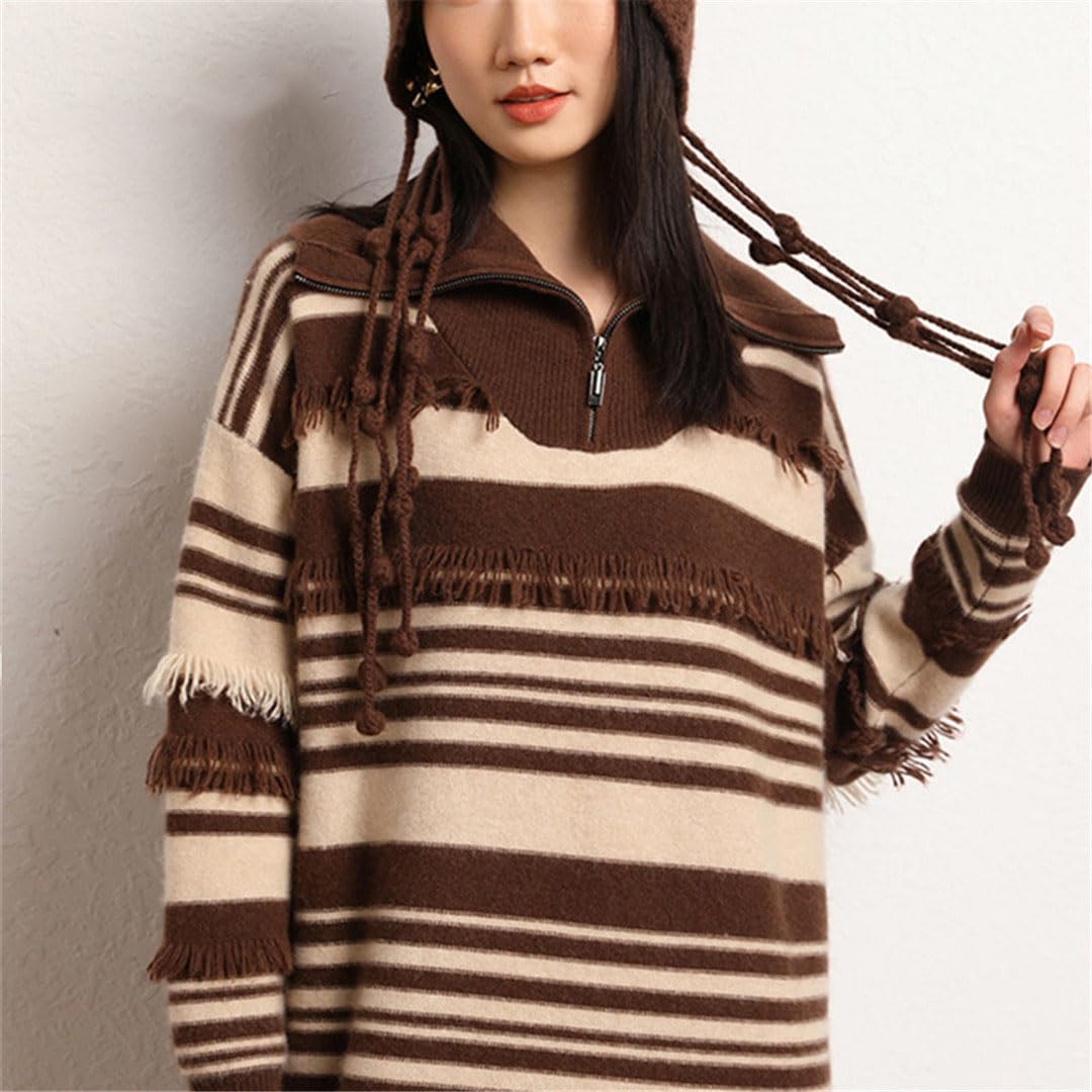 Women's Cashmere Sweater & Long Skirt Set - Striped Knit Dress for Autumn Winter - Plus Size Loose Fit Cozy Outfit for Casual Wear, Office & Date Nights