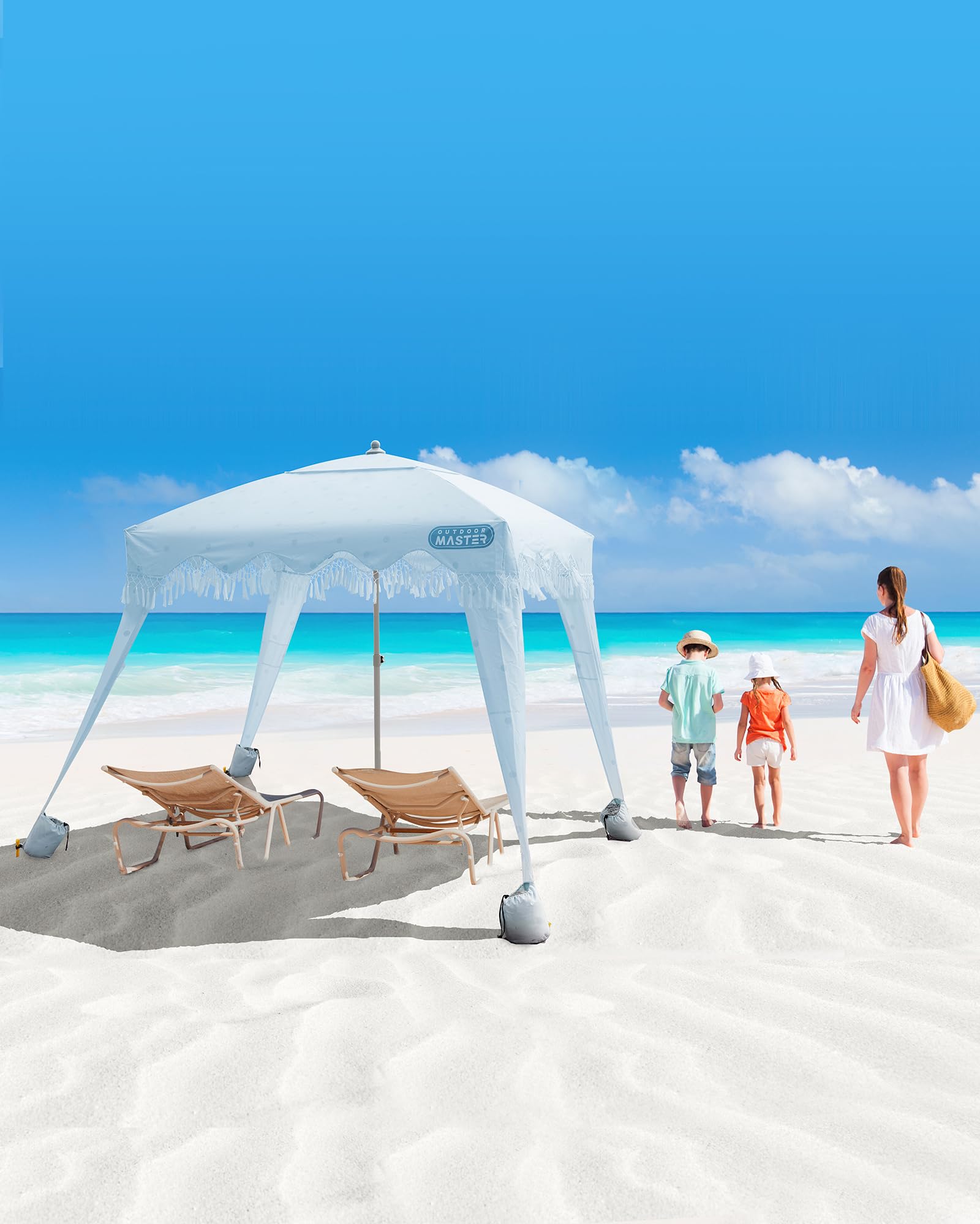 OutdoorMaster 6' x 6' Portable Beach Cabana with Fringe & Side Wall - UPF 50+ UV Protection Sun Canopy for Family, Kids & Friends - Easy Setup Beach Shelter for Picnics, Camping & Outdoor Activities - Wave Point Design